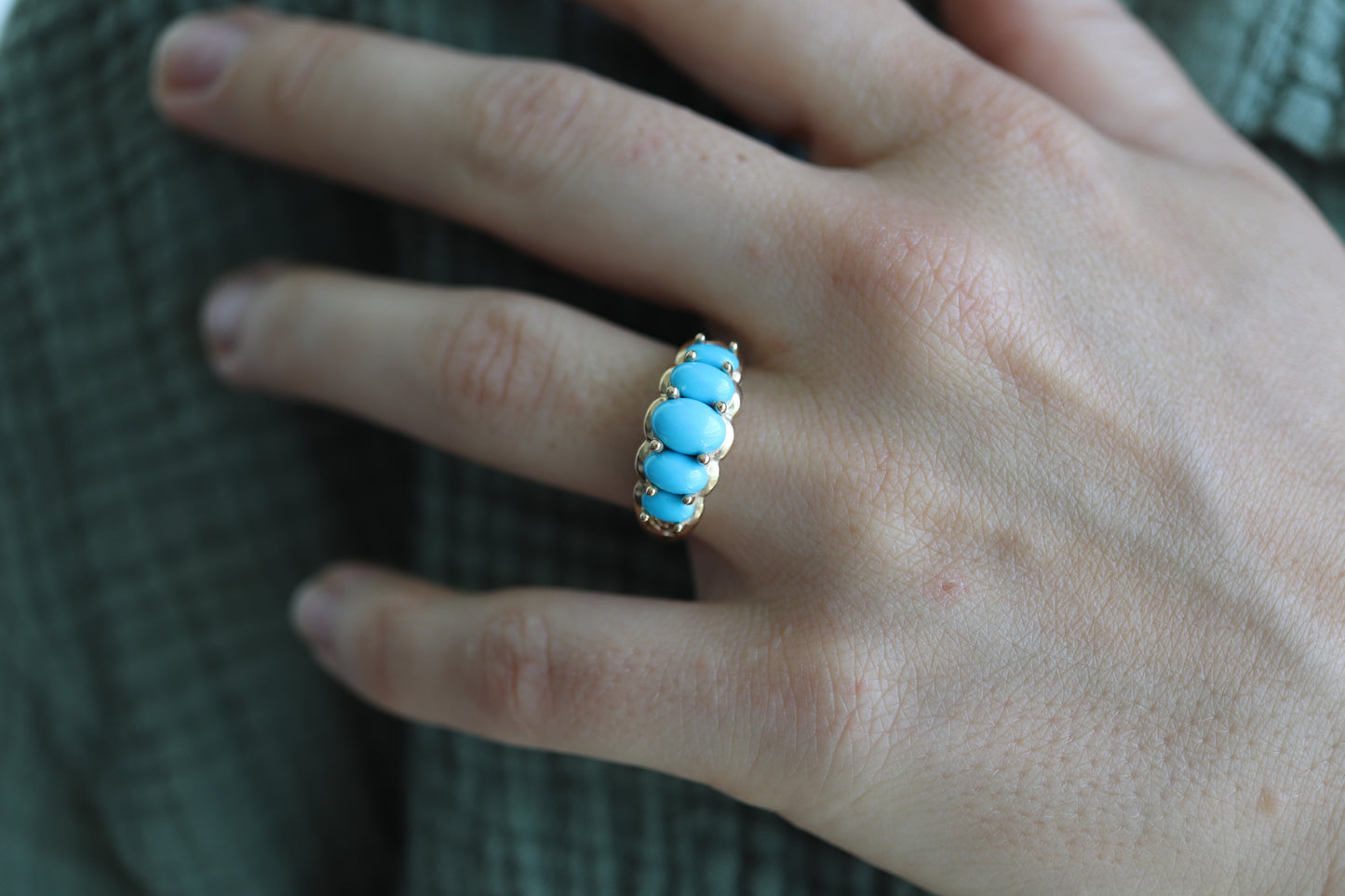 10k Oval Turquoise Cabochon Ring. 10k Aquamarine Turquoise Cluster Band.