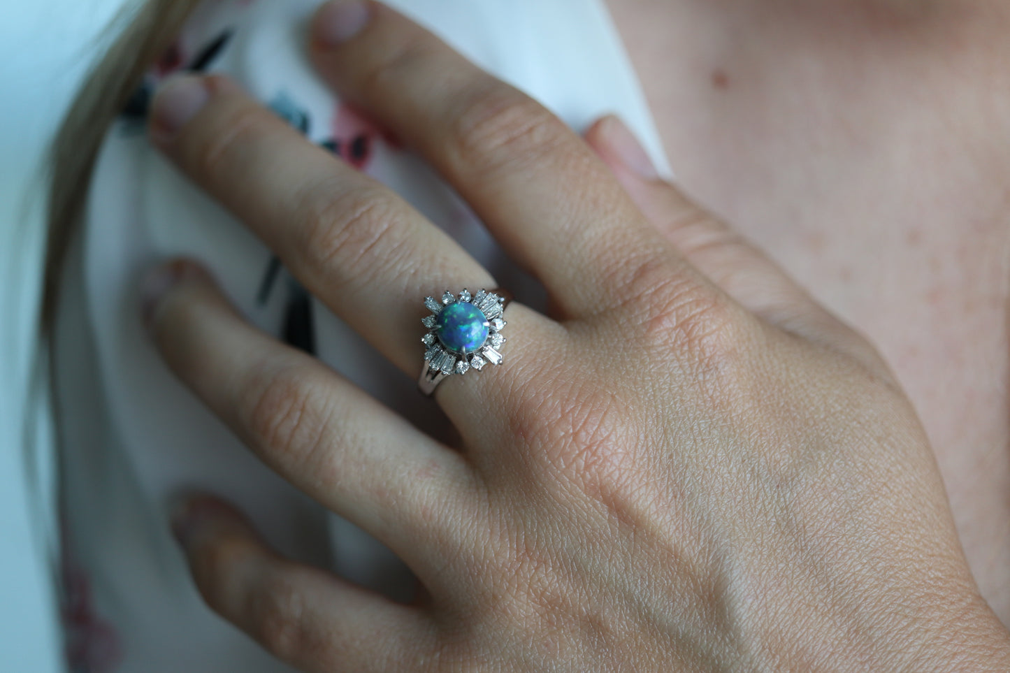 Black Opal Diamond Ring. 900 Platinum Black Opal Diamond Ballerina Ring. Genuine Australian Black Opal Cabochon.