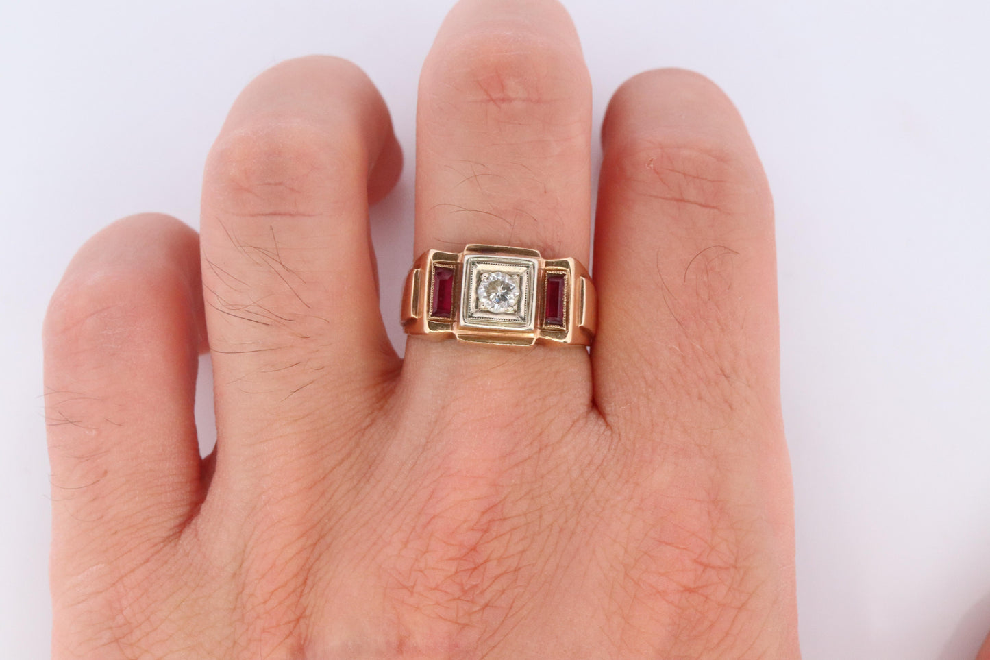 1930s 14k Triple Ruby Diamond signet ring. Art Deco Diamond Ruby Band