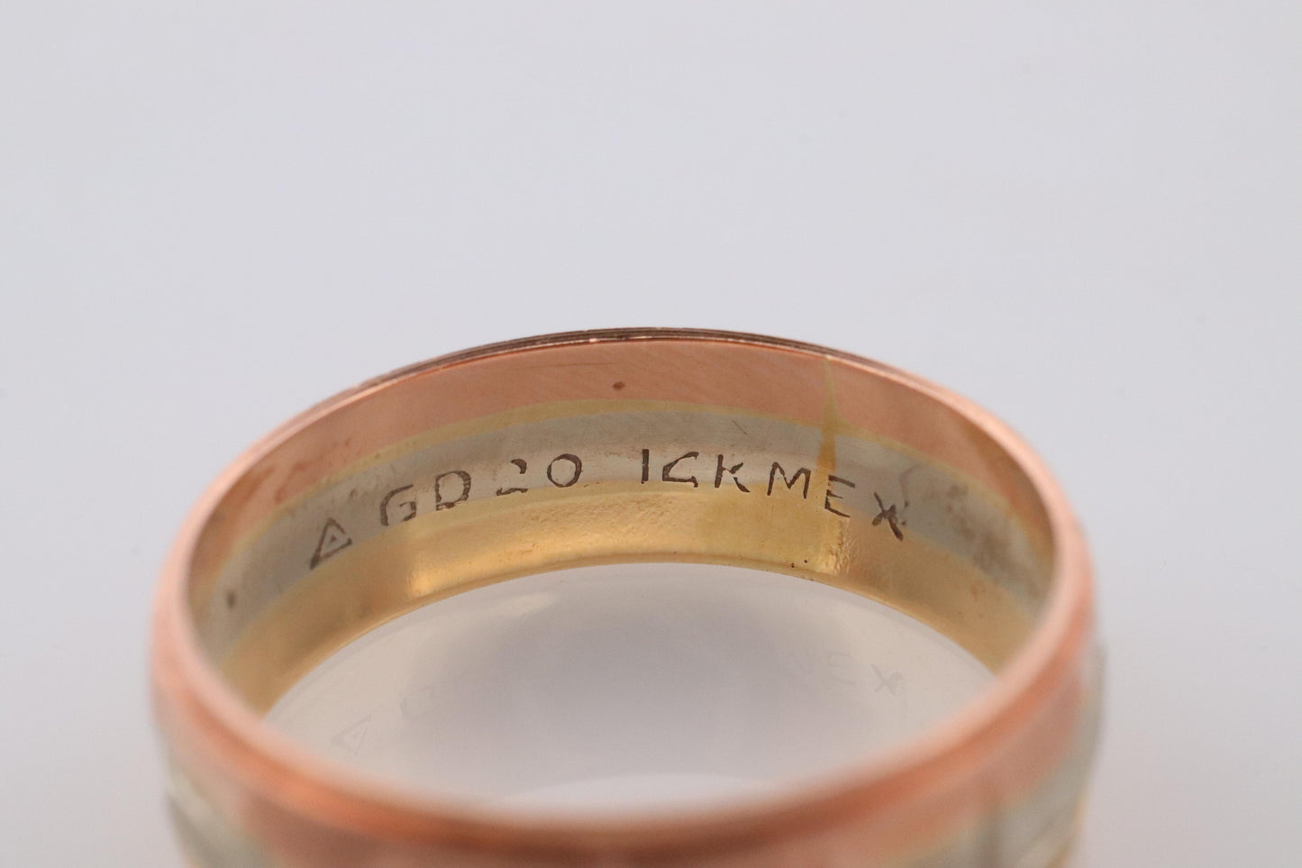 14k Wide band. Tricolor Gold Ring. White Yellow Rose Gold Textured band