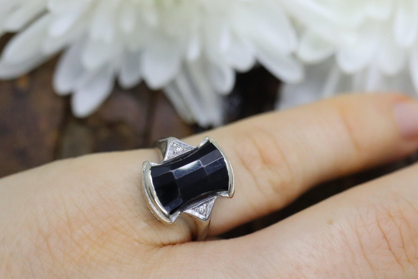 Vintage Geometric Black Onyx 14k Gold ring with diamonds.