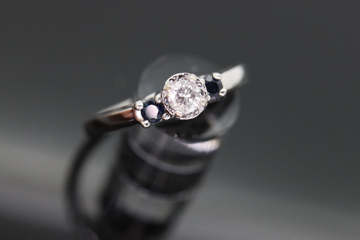 Diamond Sapphire ring. 14k White Gold Diamond Sapphire Solitaire. Trilogy Trio Triple Sapphire Diamond Engagement ring st(133)