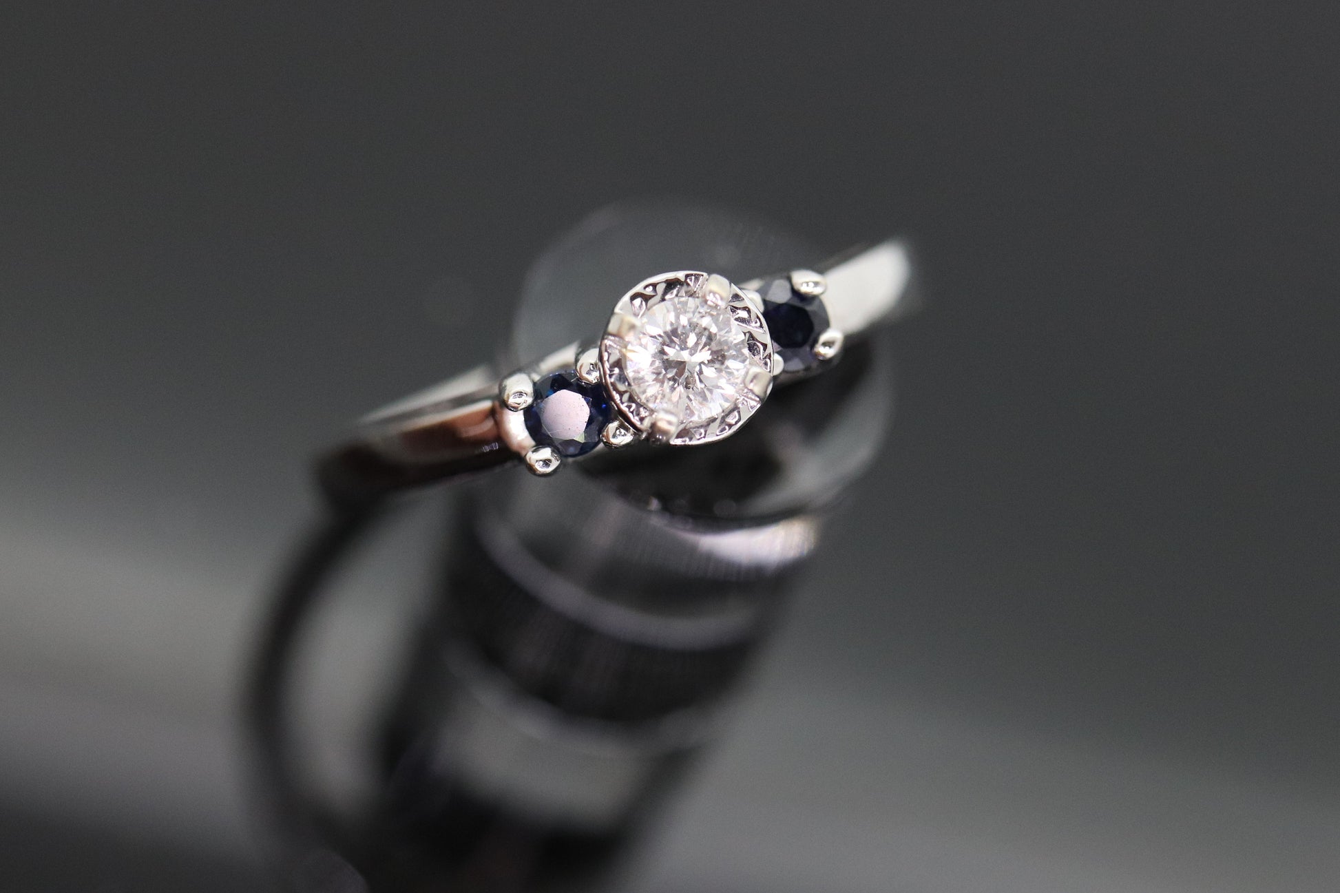 Diamond Sapphire ring. 14k White Gold Diamond Sapphire Solitaire. Trilogy Trio Triple Sapphire Diamond Engagement ring st(133)