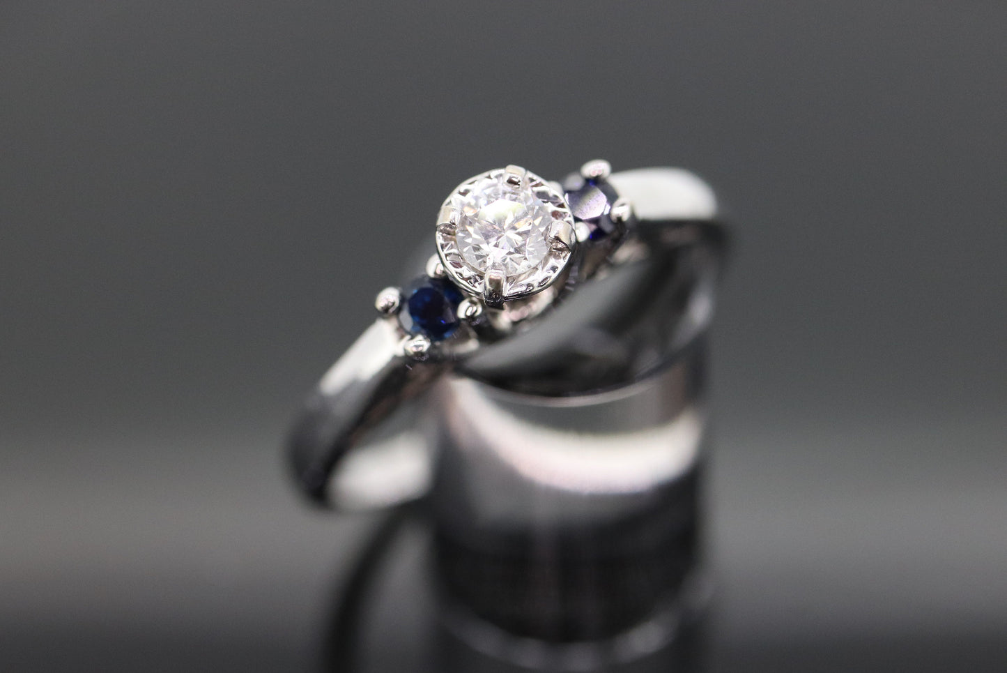 Diamond Sapphire ring. 14k White Gold Diamond Sapphire Solitaire. Trilogy Trio Triple Sapphire Diamond Engagement ring st(133)