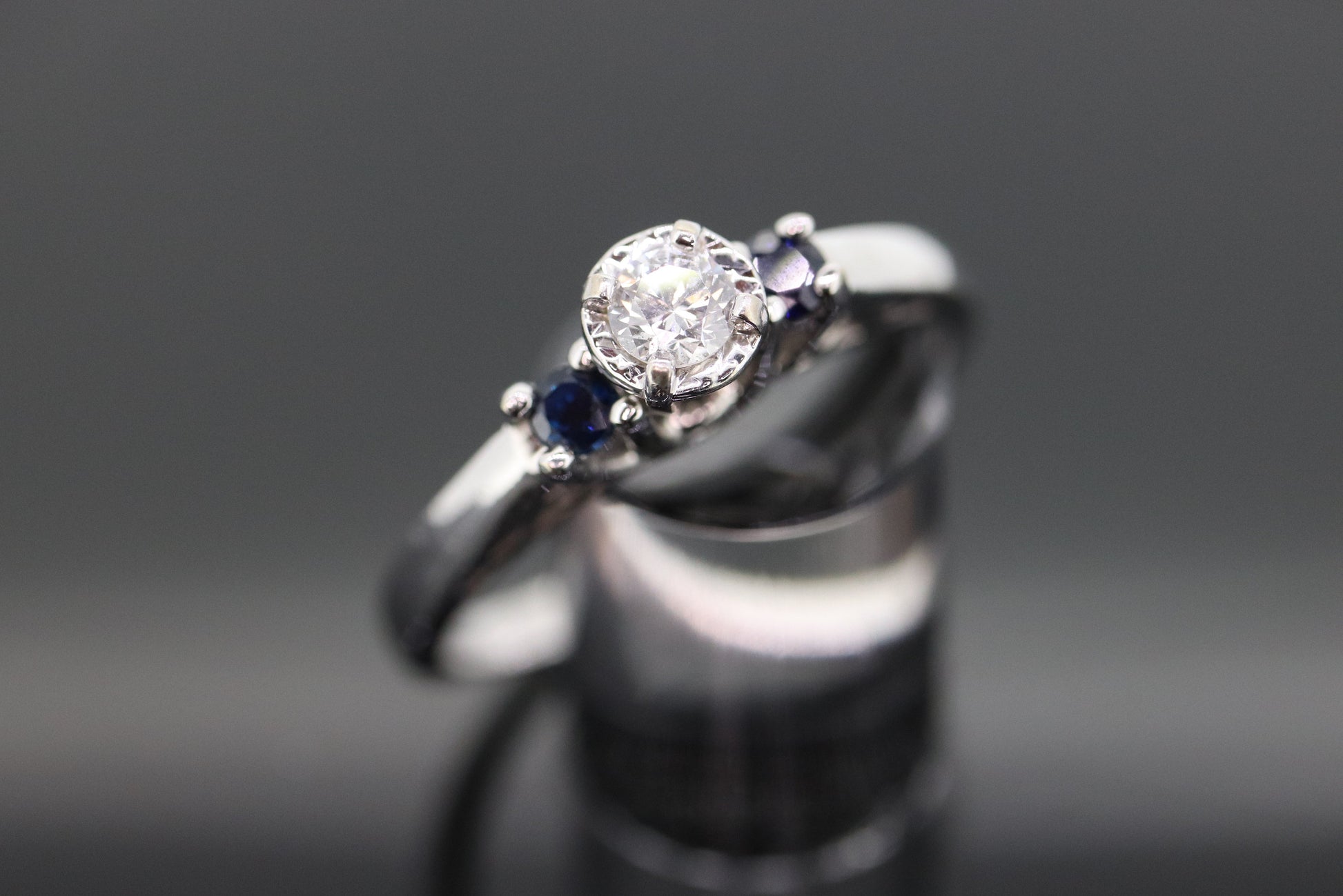 Diamond Sapphire ring. 14k White Gold Diamond Sapphire Solitaire. Trilogy Trio Triple Sapphire Diamond Engagement ring st(133)