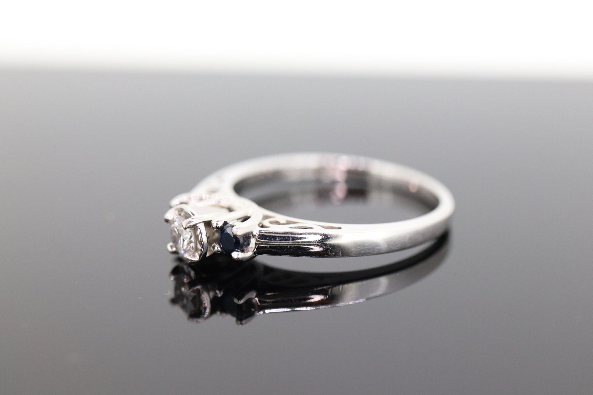 Diamond Sapphire ring. 14k White Gold Diamond Sapphire Solitaire. Trilogy Trio Triple Sapphire Diamond Engagement ring st(133)