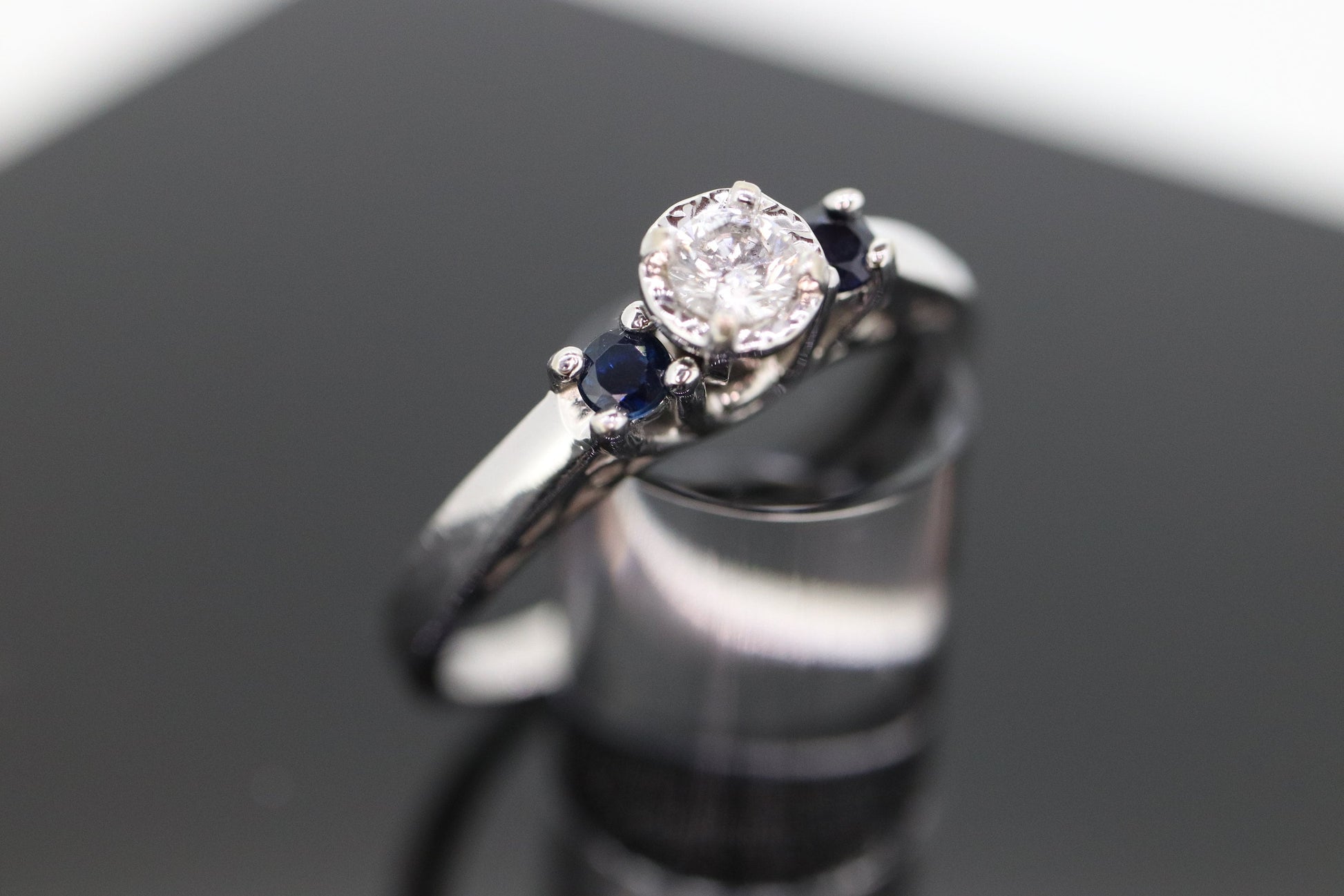Diamond Sapphire ring. 14k White Gold Diamond Sapphire Solitaire. Trilogy Trio Triple Sapphire Diamond Engagement ring st(133)