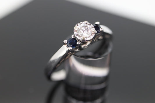 Diamond Sapphire ring. 14k White Gold Diamond Sapphire Solitaire. Trilogy Trio Triple Sapphire Diamond Engagement ring st(133)