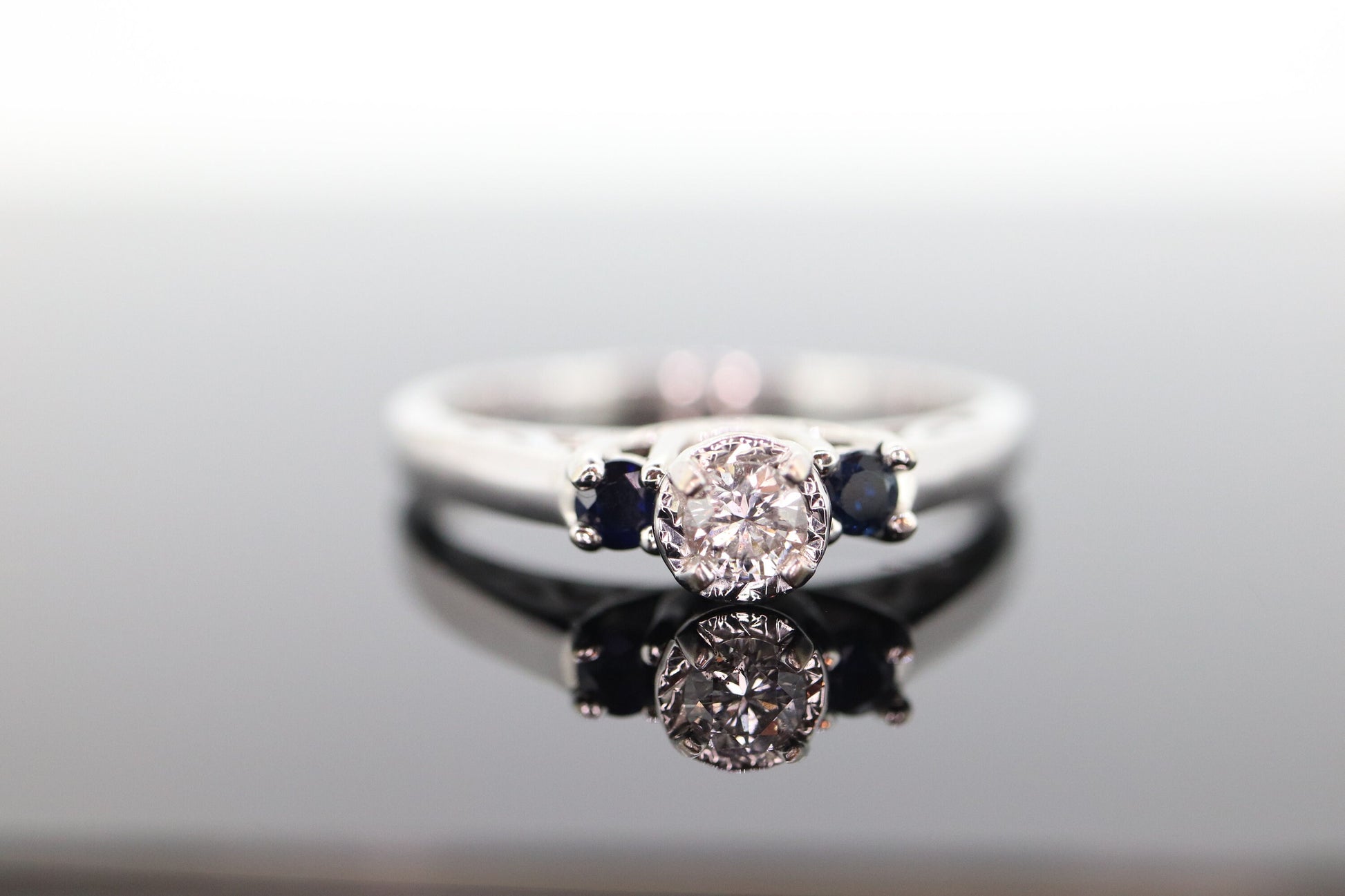 Diamond Sapphire ring. 14k White Gold Diamond Sapphire Solitaire. Trilogy Trio Triple Sapphire Diamond Engagement ring st(133)