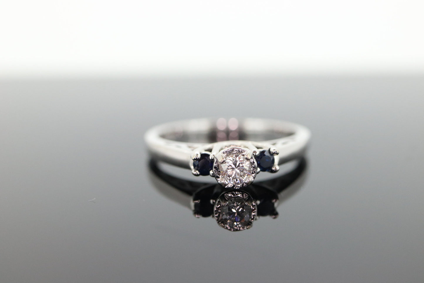 Diamond Sapphire ring. 14k White Gold Diamond Sapphire Solitaire. Trilogy Trio Triple Sapphire Diamond Engagement ring st(133)