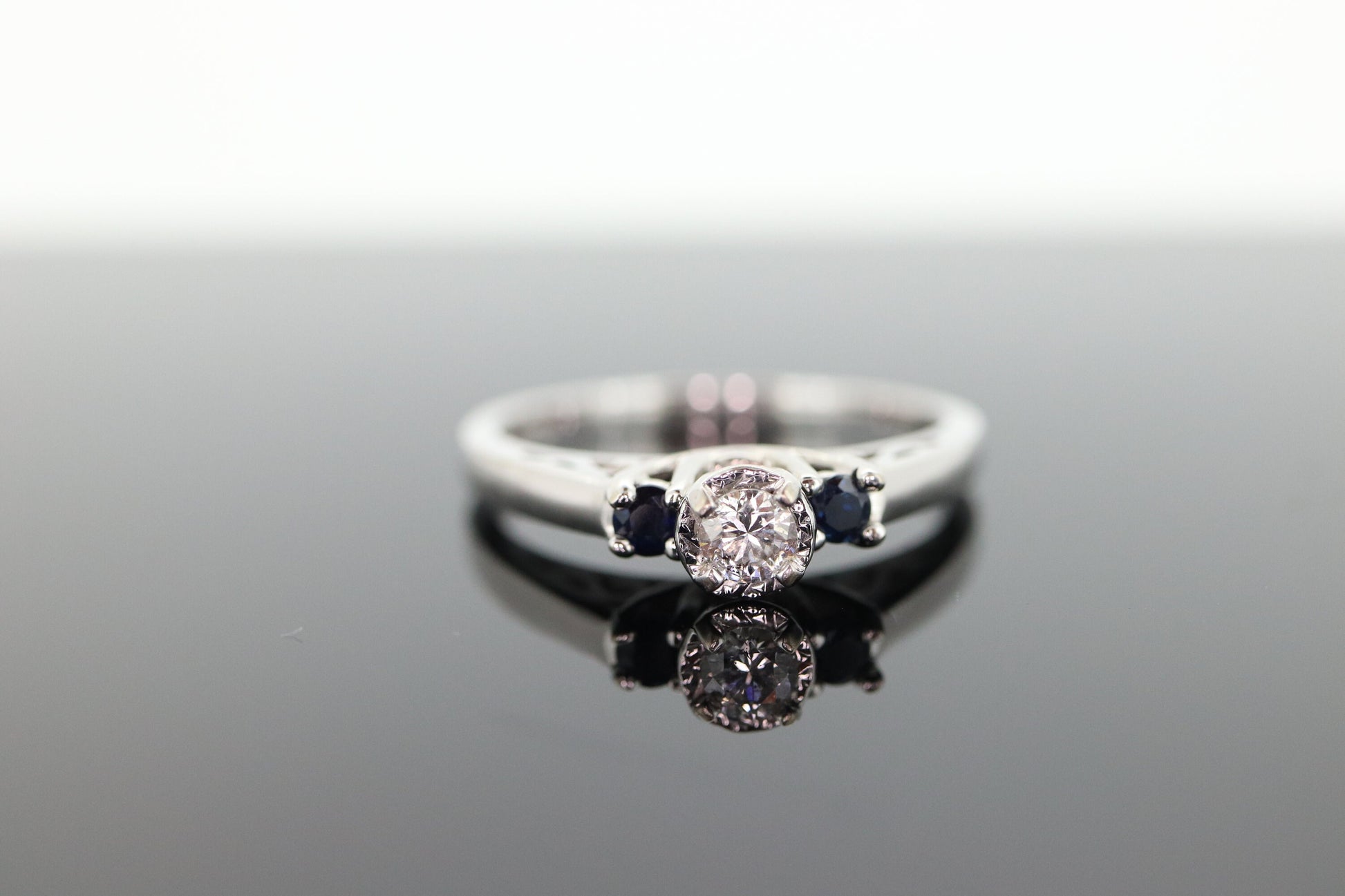 Diamond Sapphire ring. 14k White Gold Diamond Sapphire Solitaire. Trilogy Trio Triple Sapphire Diamond Engagement ring st(133)