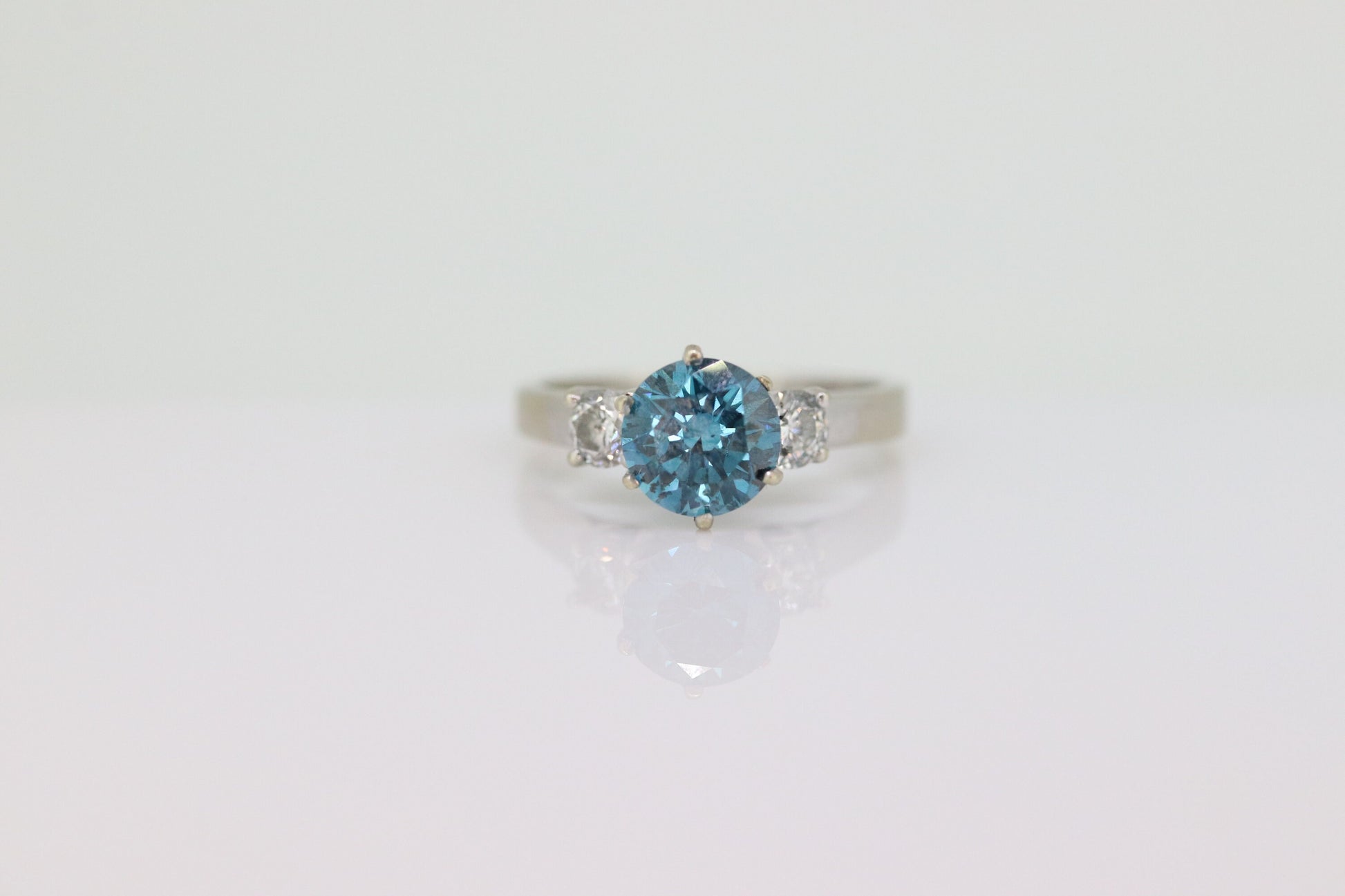 14k BLUE diamond engagement ring. 2CTW FANCY Blue diamond trilogy solitaire triple tiffany set ring. 14k 'white gold diamond ring. st(690)