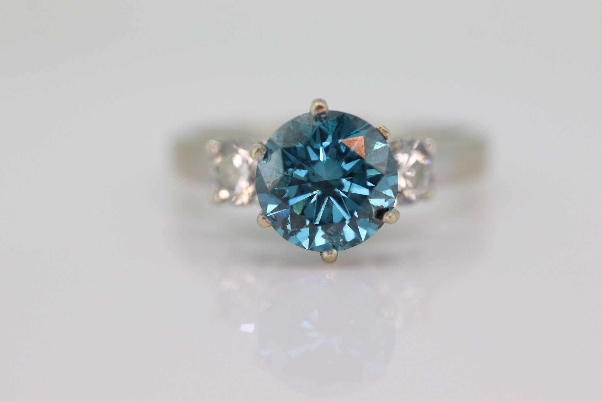 14k BLUE diamond engagement ring. 2CTW FANCY Blue diamond trilogy solitaire triple tiffany set ring. 14k 'white gold diamond ring. st(690)