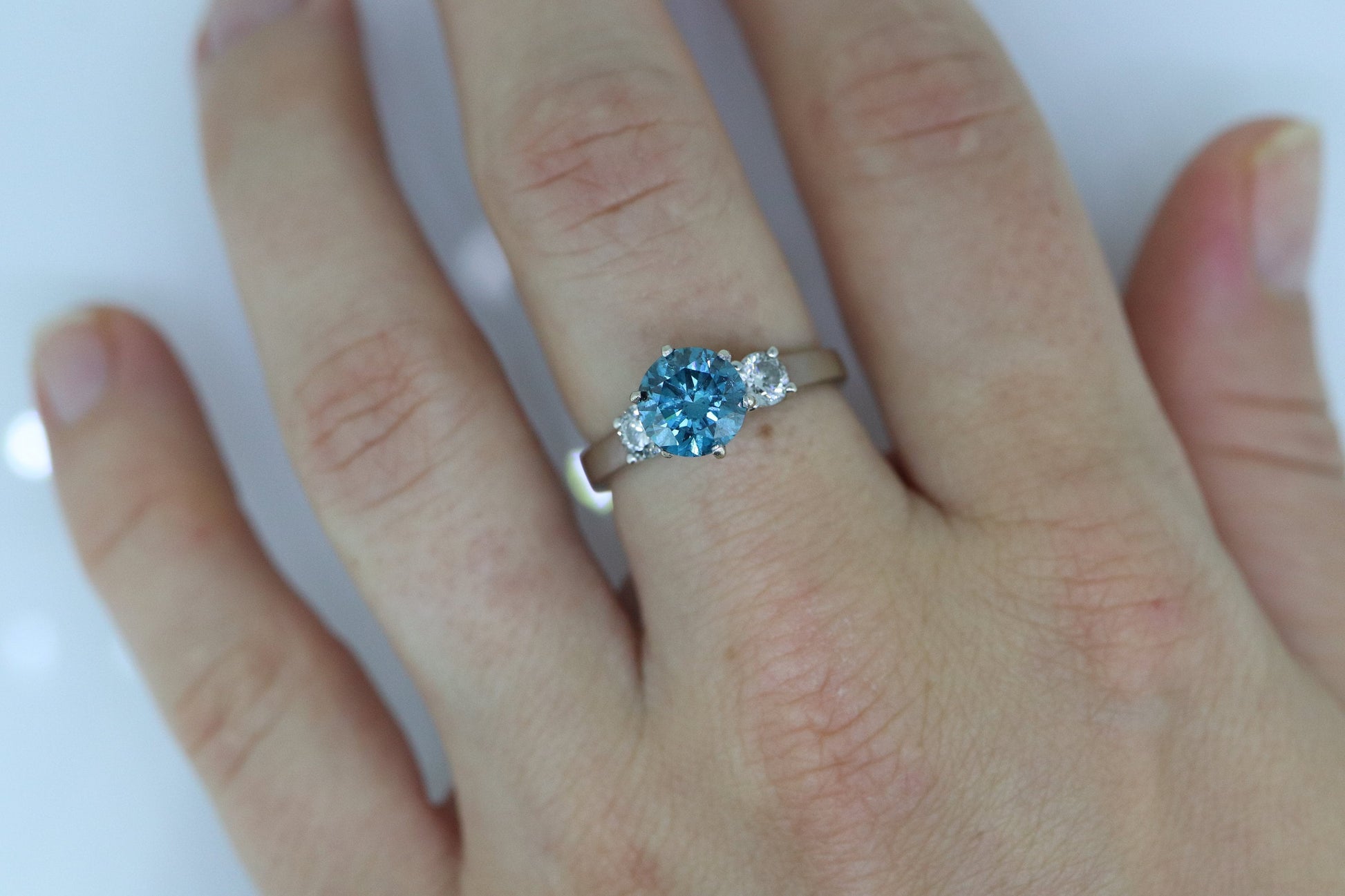 14k BLUE diamond engagement ring. 2CTW FANCY Blue diamond trilogy solitaire triple tiffany set ring. 14k 'white gold diamond ring. st(690)