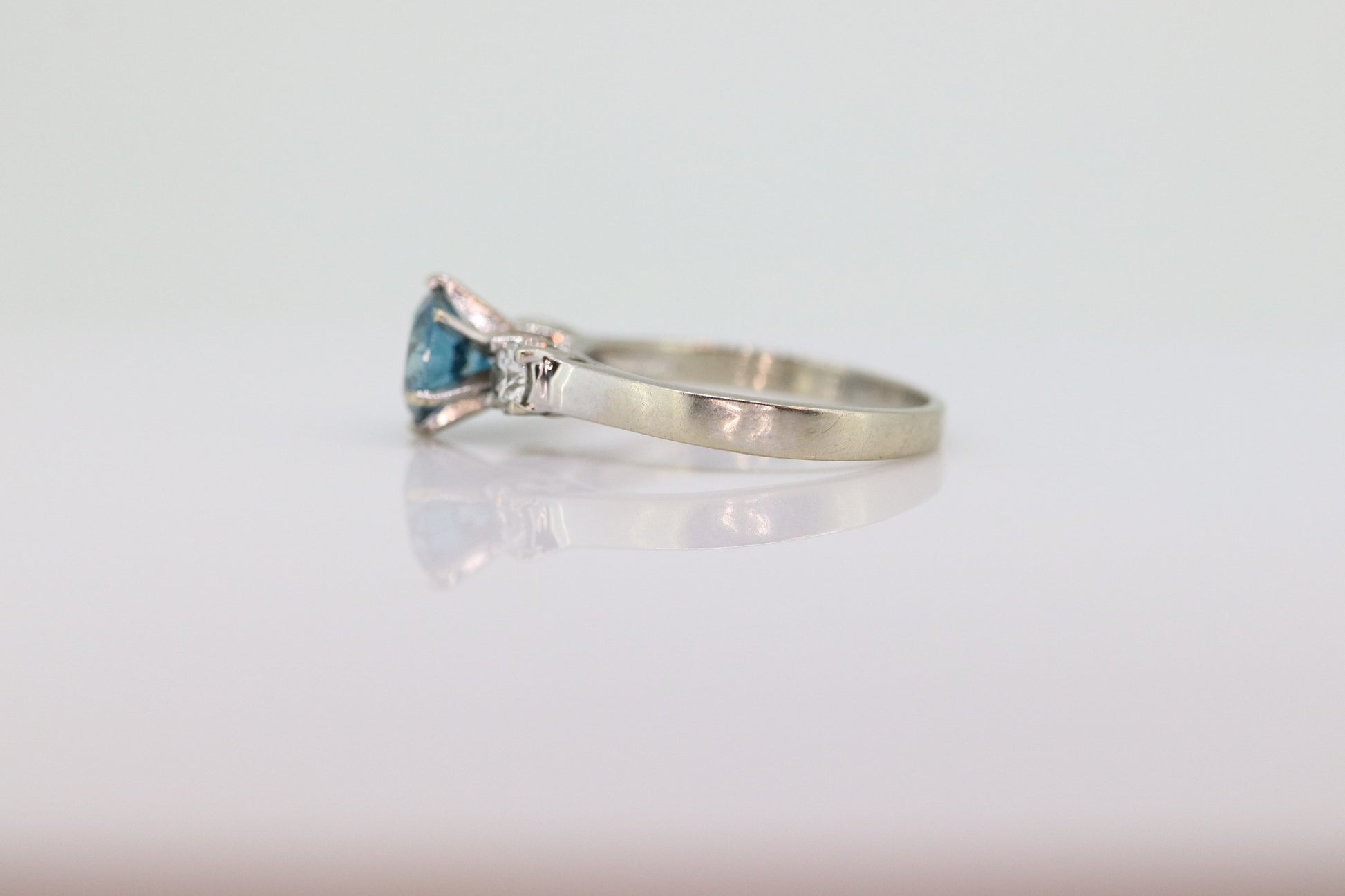 14k BLUE diamond engagement ring. 2CTW FANCY Blue diamond trilogy solitaire triple tiffany set ring. 14k 'white gold diamond ring. st(690)