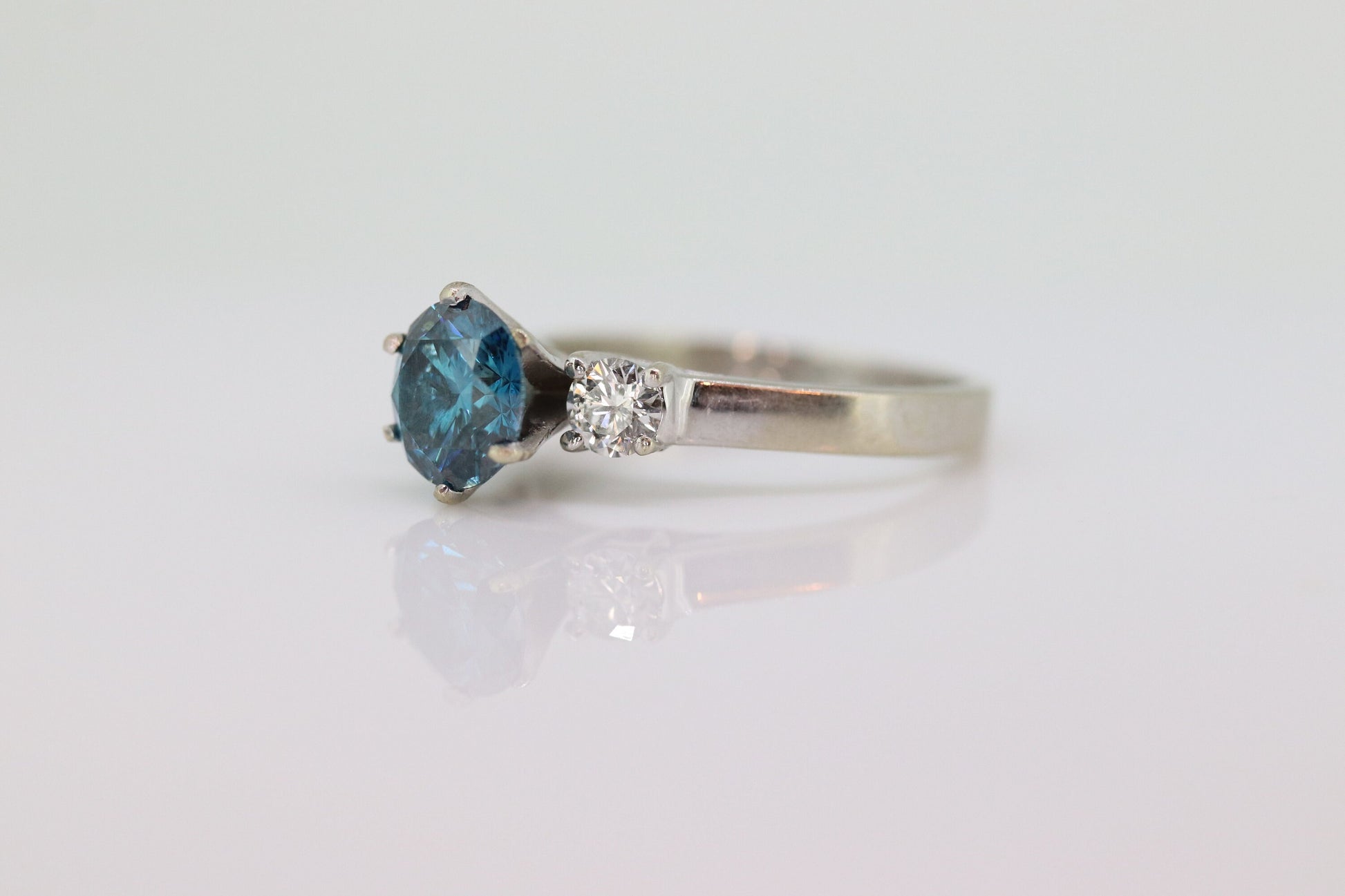 14k BLUE diamond engagement ring. 2CTW FANCY Blue diamond trilogy solitaire triple tiffany set ring. 14k 'white gold diamond ring. st(690)