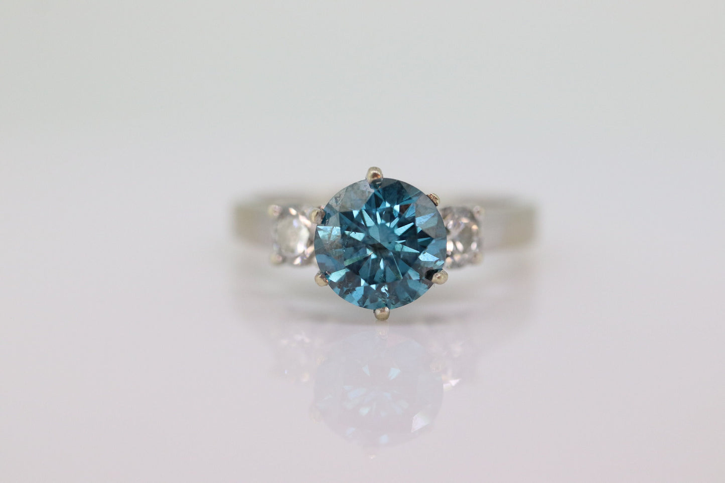 14k BLUE diamond engagement ring. 2CTW FANCY Blue diamond trilogy solitaire triple tiffany set ring. 14k 'white gold diamond ring. st(690)