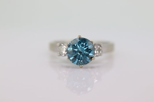 14k BLUE diamond engagement ring. 2CTW FANCY Blue diamond trilogy solitaire triple tiffany set ring. 14k 'white gold diamond ring. st(690)
