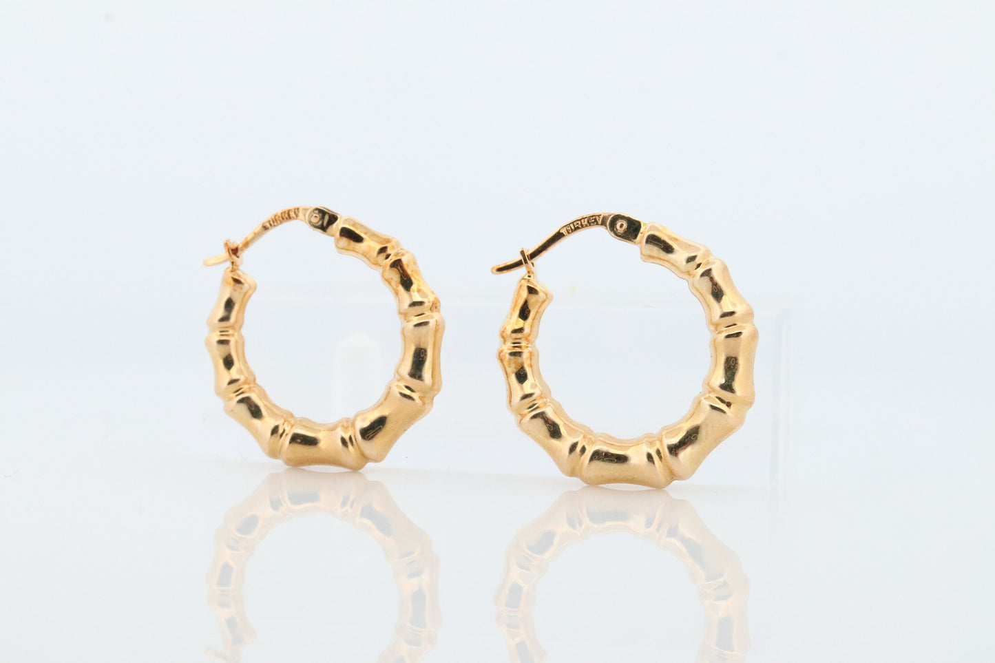 18k Gold Puffed Hollow BAMBOO HOOP Earrings. Bamboo Turkey Dangle HOOP earrings. st113