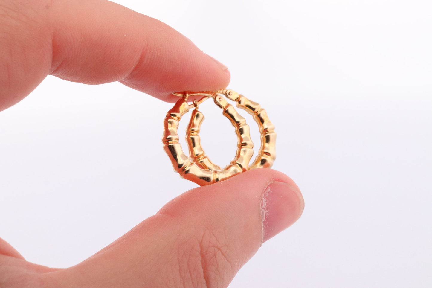 18k Gold Puffed Hollow BAMBOO HOOP Earrings. Bamboo Turkey Dangle HOOP earrings. st113