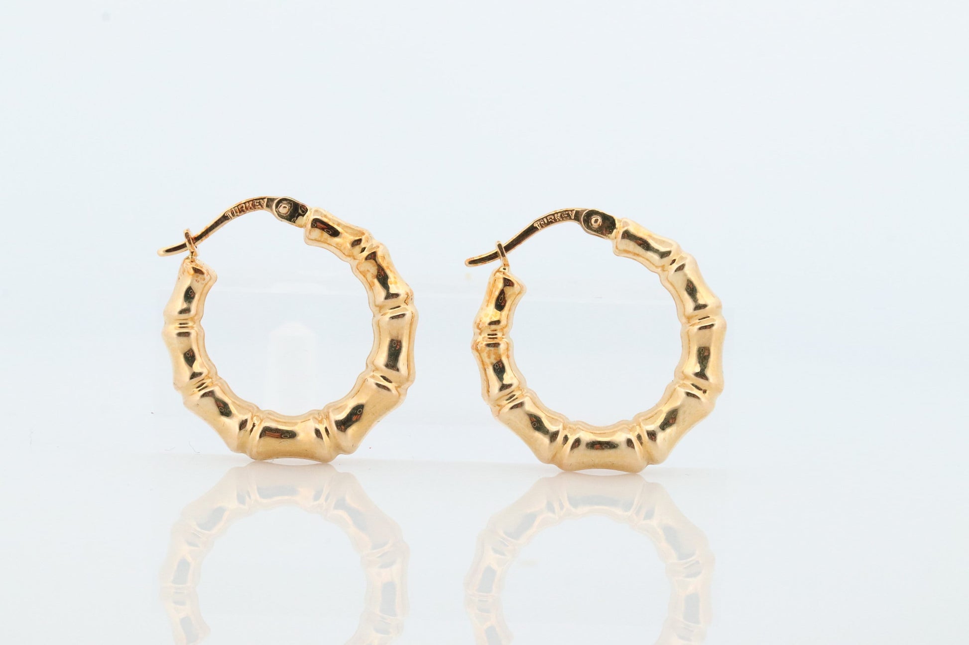 18k Gold Puffed Hollow BAMBOO HOOP Earrings. Bamboo Turkey Dangle HOOP earrings. st113