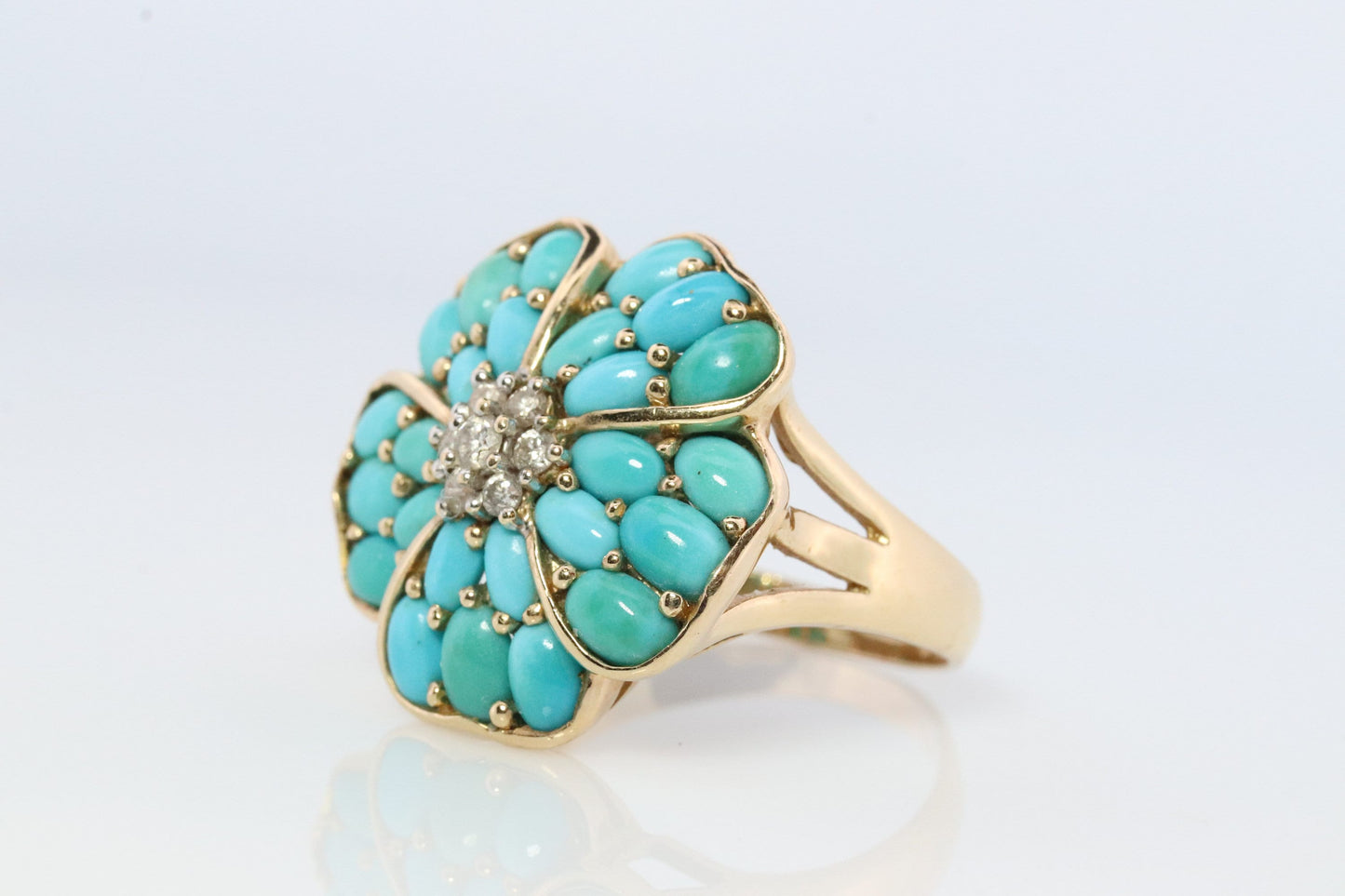 14k Large Turquoise Cabochon and Diamond Ring. 14k Cluster Turquoise Flower with Diamond center Ring (146)