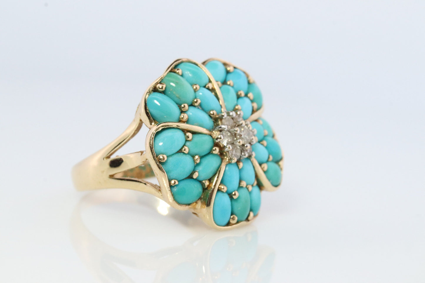 14k Large Turquoise Cabochon and Diamond Ring. 14k Cluster Turquoise Flower with Diamond center Ring (146)