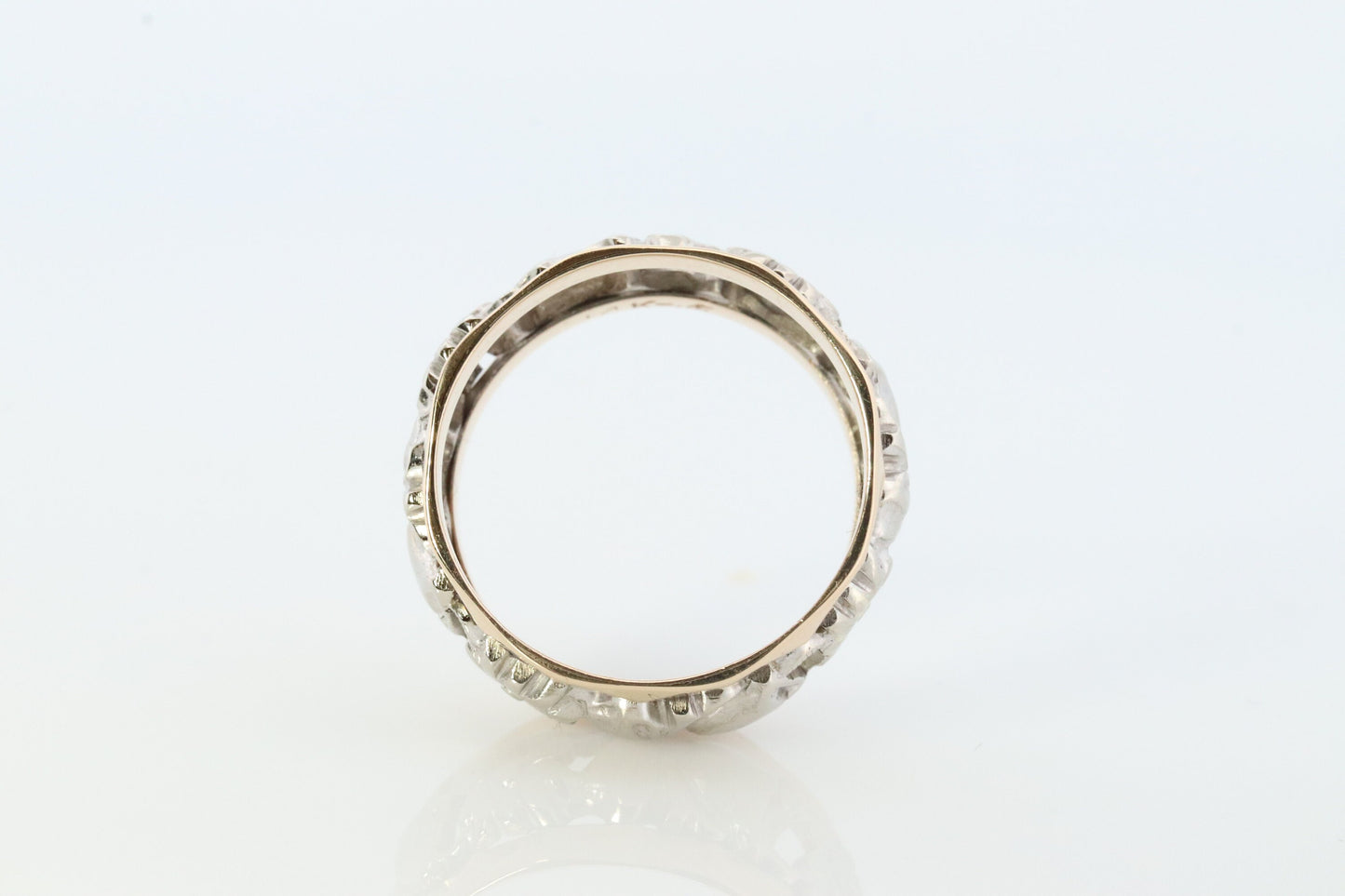 14k Wide Flower Filigree Daisy Ornate band. Vintage Flower Embossed engraved design. Flower Wedding Bells Ring. 9mm