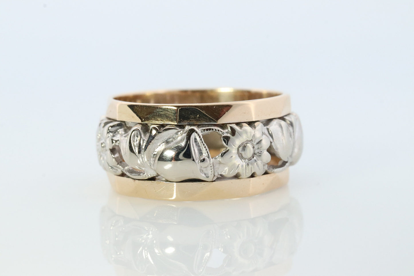 14k Wide Flower Filigree Daisy Ornate band. Vintage Flower Embossed engraved design. Flower Wedding Bells Ring. 9mm
