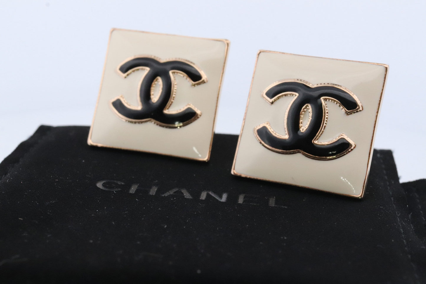 Chanel Earrings. Genuine White and Black Enamel CHANEL Square LOGO Clip on earrings. Nonpierced Clips. Original Box and Papers