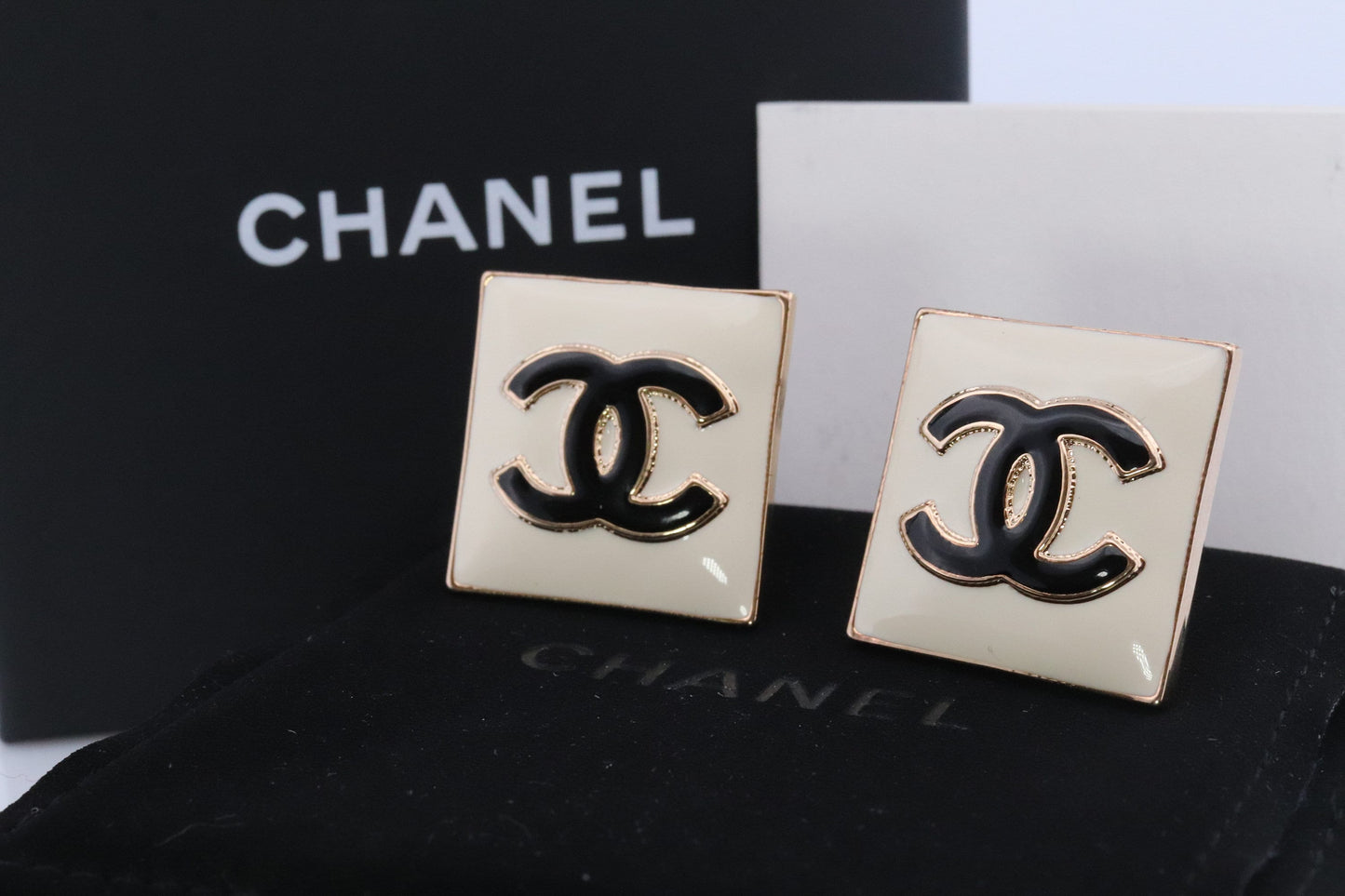 Chanel Earrings. Genuine White and Black Enamel CHANEL Square LOGO Clip on earrings. Nonpierced Clips. Original Box and Papers
