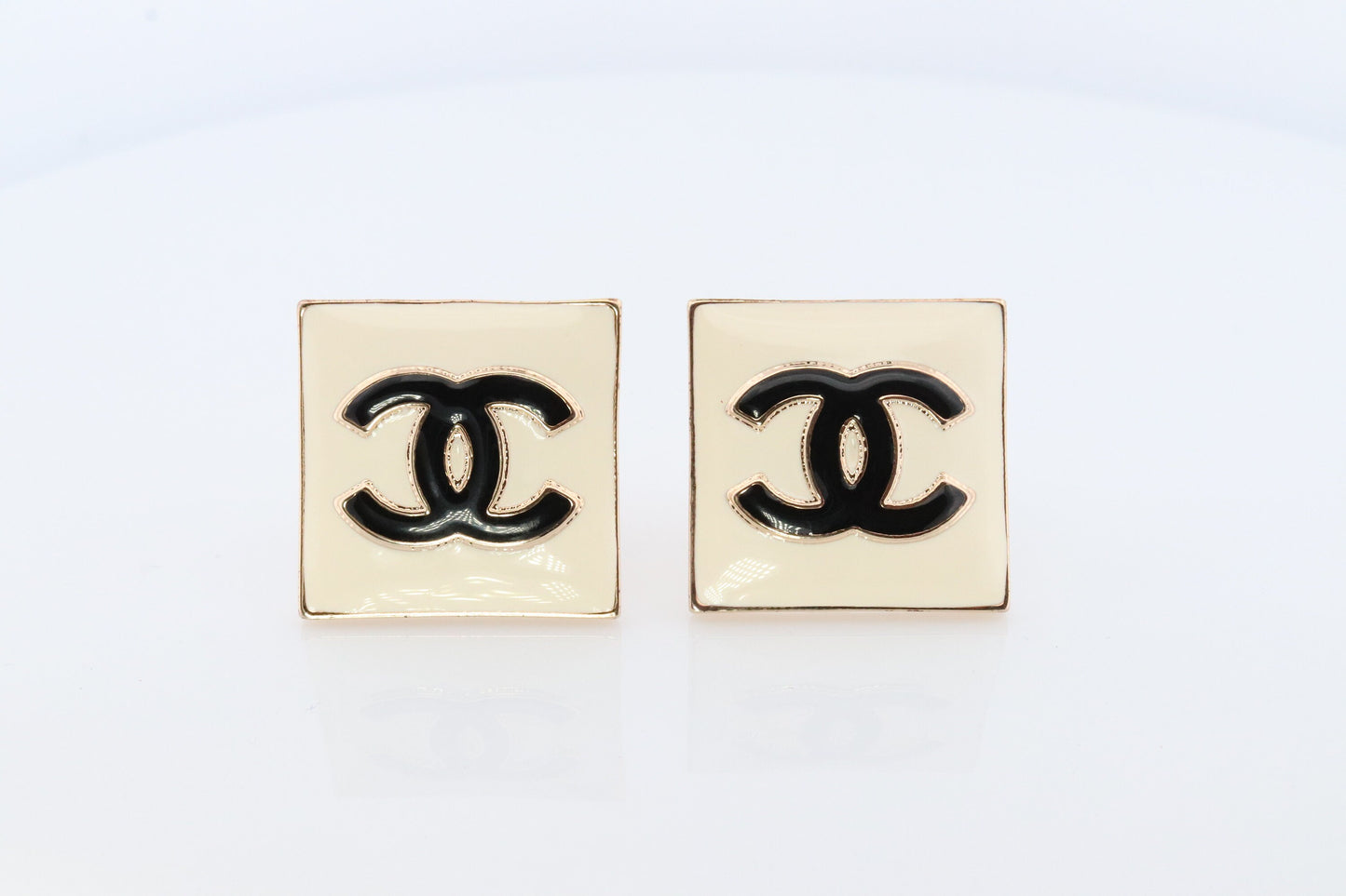 Chanel Earrings. Genuine White and Black Enamel CHANEL Square LOGO Clip on earrings. Nonpierced Clips. Original Box and Papers