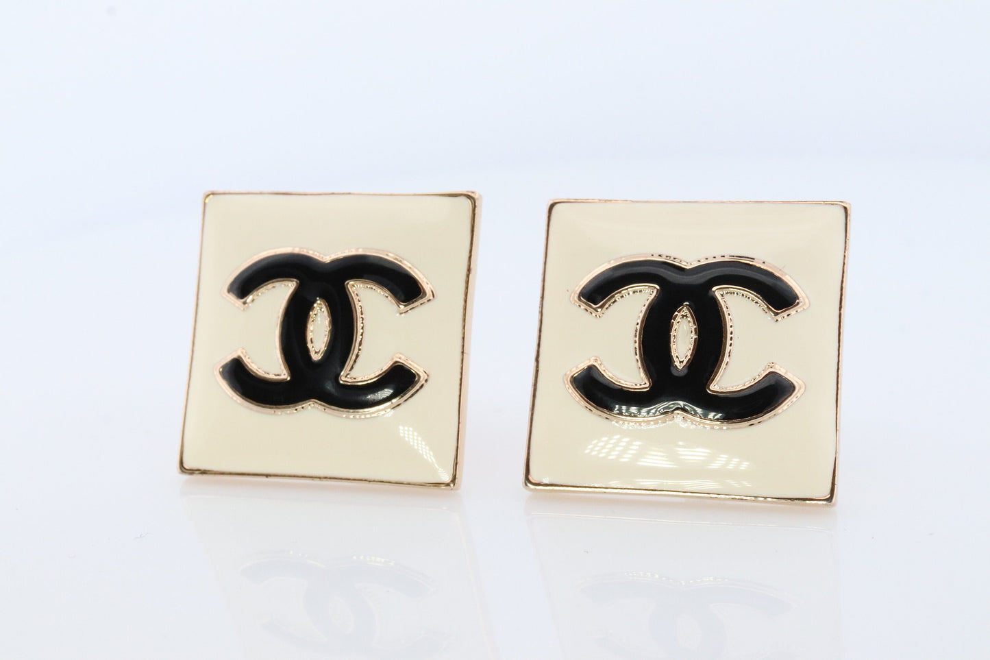 Chanel Earrings. Genuine White and Black Enamel CHANEL Square LOGO Clip on earrings. Nonpierced Clips. Original Box and Papers