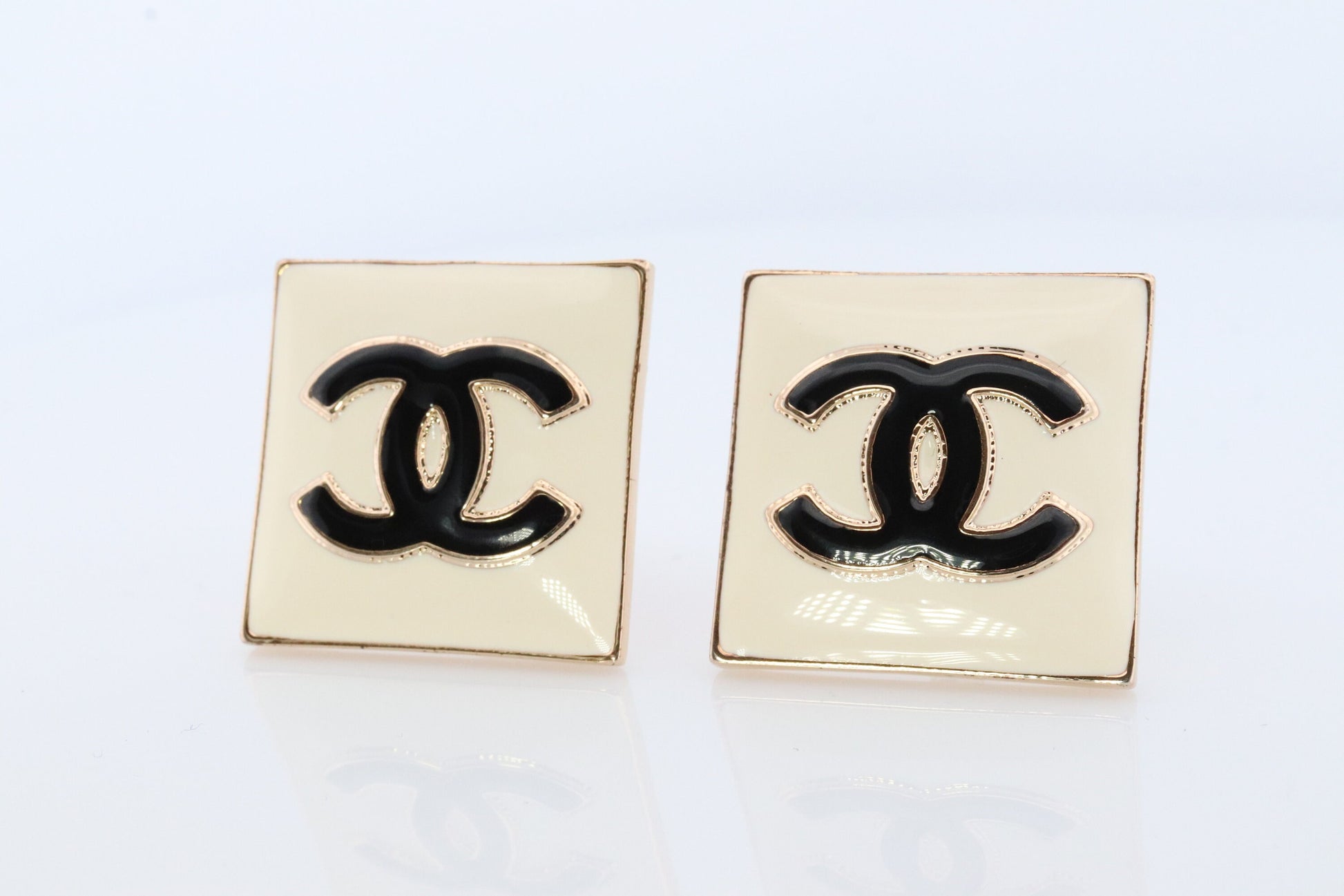 Chanel Earrings. Genuine White and Black Enamel CHANEL Square LOGO Clip on earrings. Nonpierced Clips. Original Box and Papers