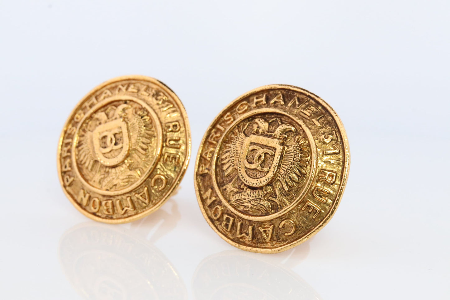 Chanel Earrings. Genuine CC CHANEL Round Crest Shield LOGO Clip on earrings. Nonpierced Clips. 31 Rue Cambon
