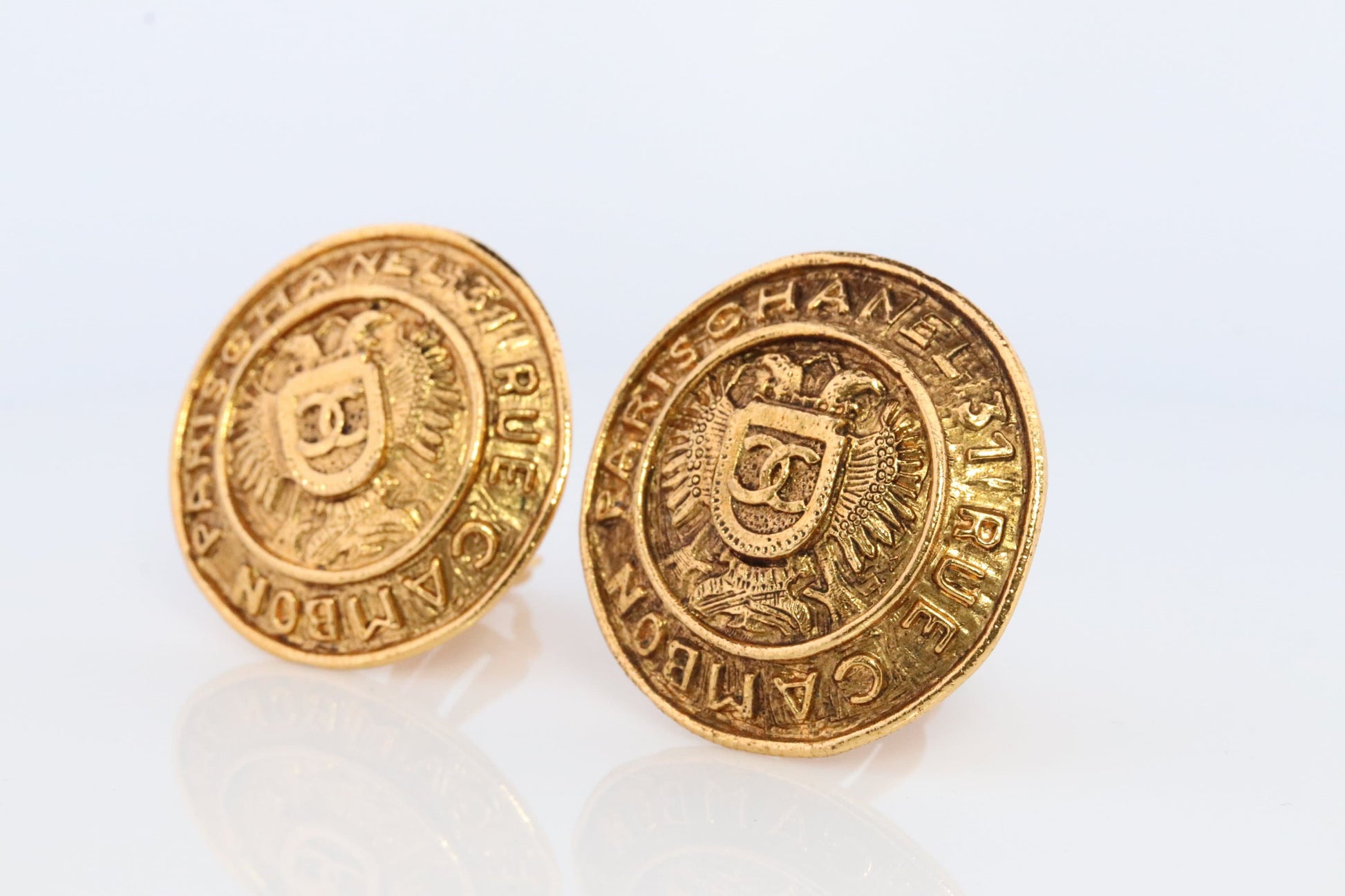 Chanel Earrings. Genuine CC CHANEL Round Crest Shield LOGO Clip on earrings. Nonpierced Clips. 31 Rue Cambon
