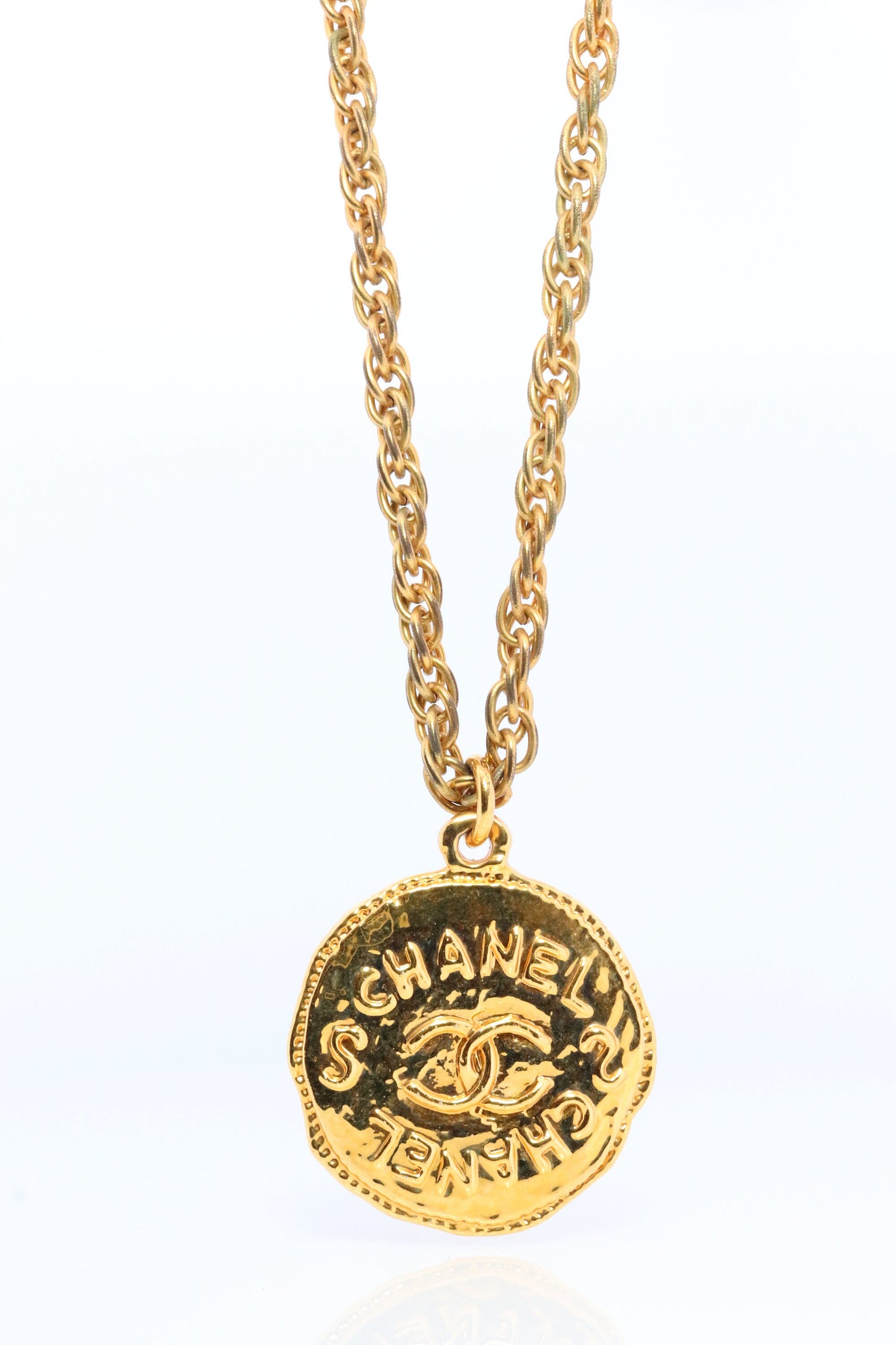 Chanel Necklace. Genuine CC CHANEL Round LOGO Coin Necklace. Disc Medallion Necklace. byzantine Etruscan Hammered Coco Chanel Necklace