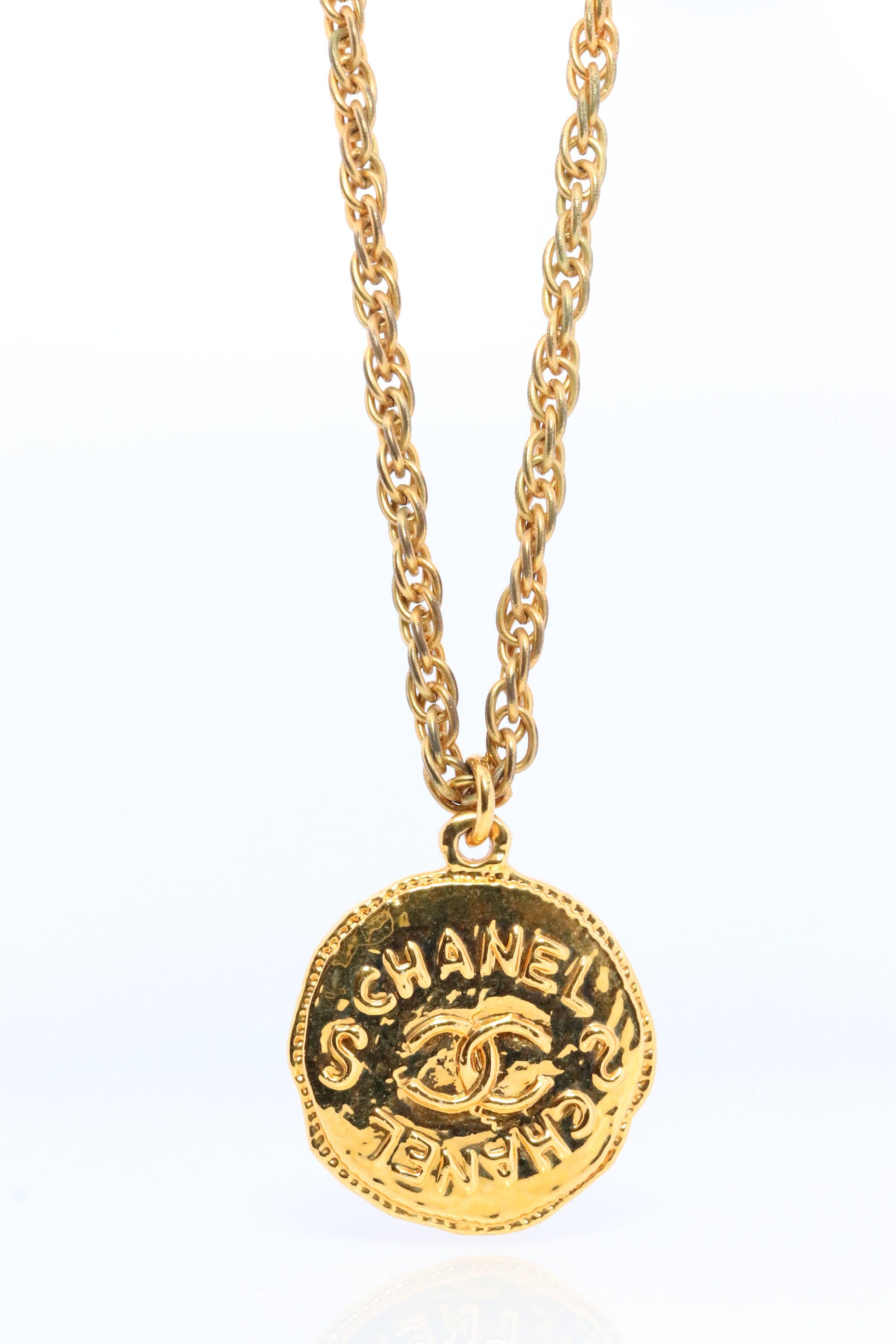 Chanel Necklace. Genuine CC CHANEL Round LOGO Coin Necklace. Disc Medallion Necklace. byzantine Etruscan Hammered Coco Chanel Necklace