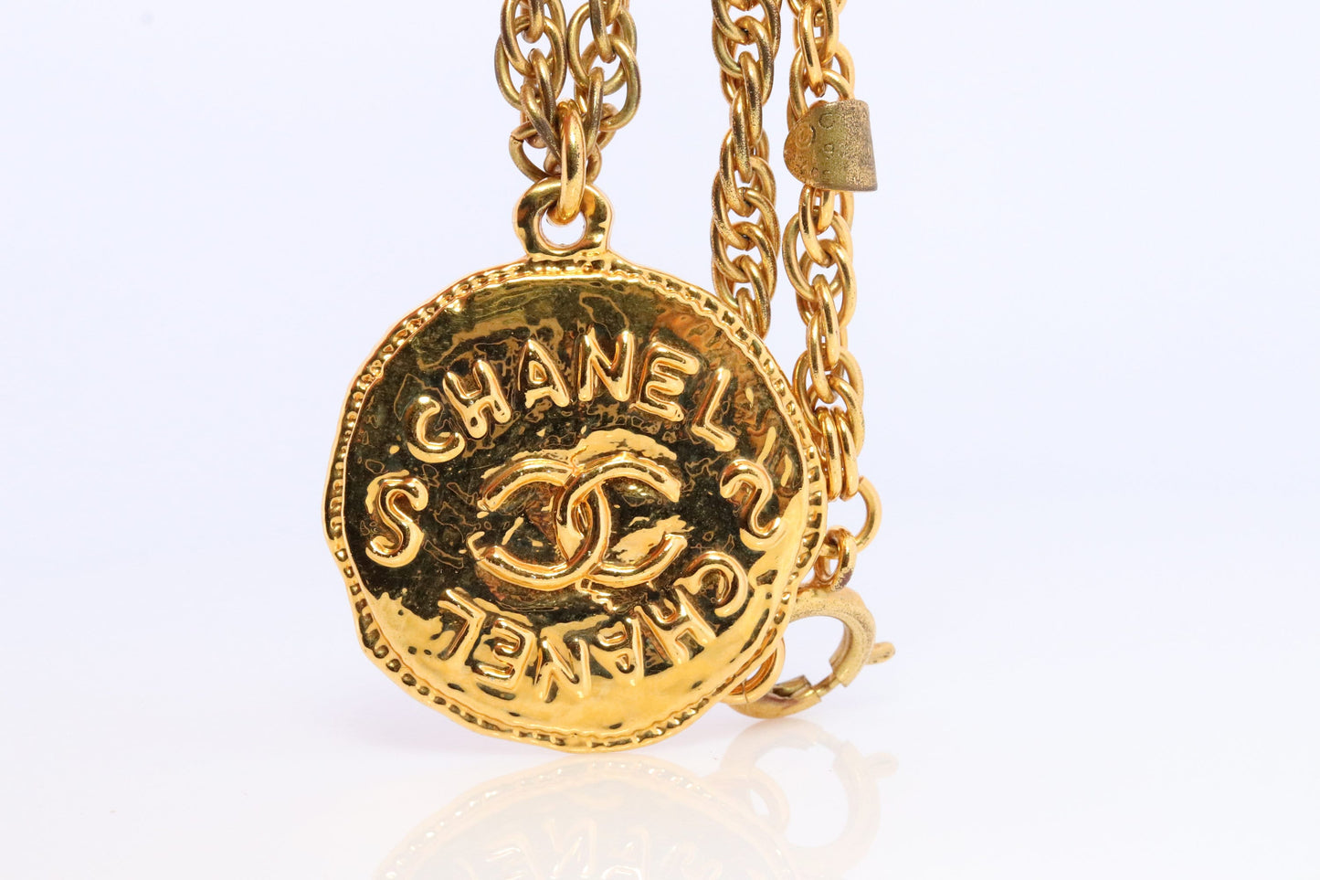 Chanel Necklace. Genuine CC CHANEL Round LOGO Coin Necklace. Disc Medallion Necklace. byzantine Etruscan Hammered Coco Chanel Necklace