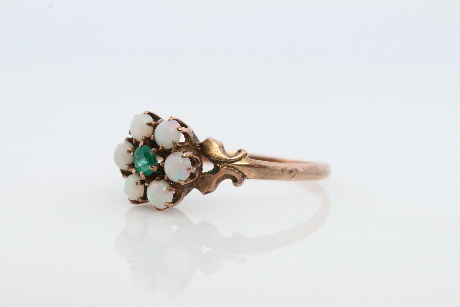 10k Victorian Opal and Green Gem. Antique 10k Rose Gold Opal Halo Cluster.