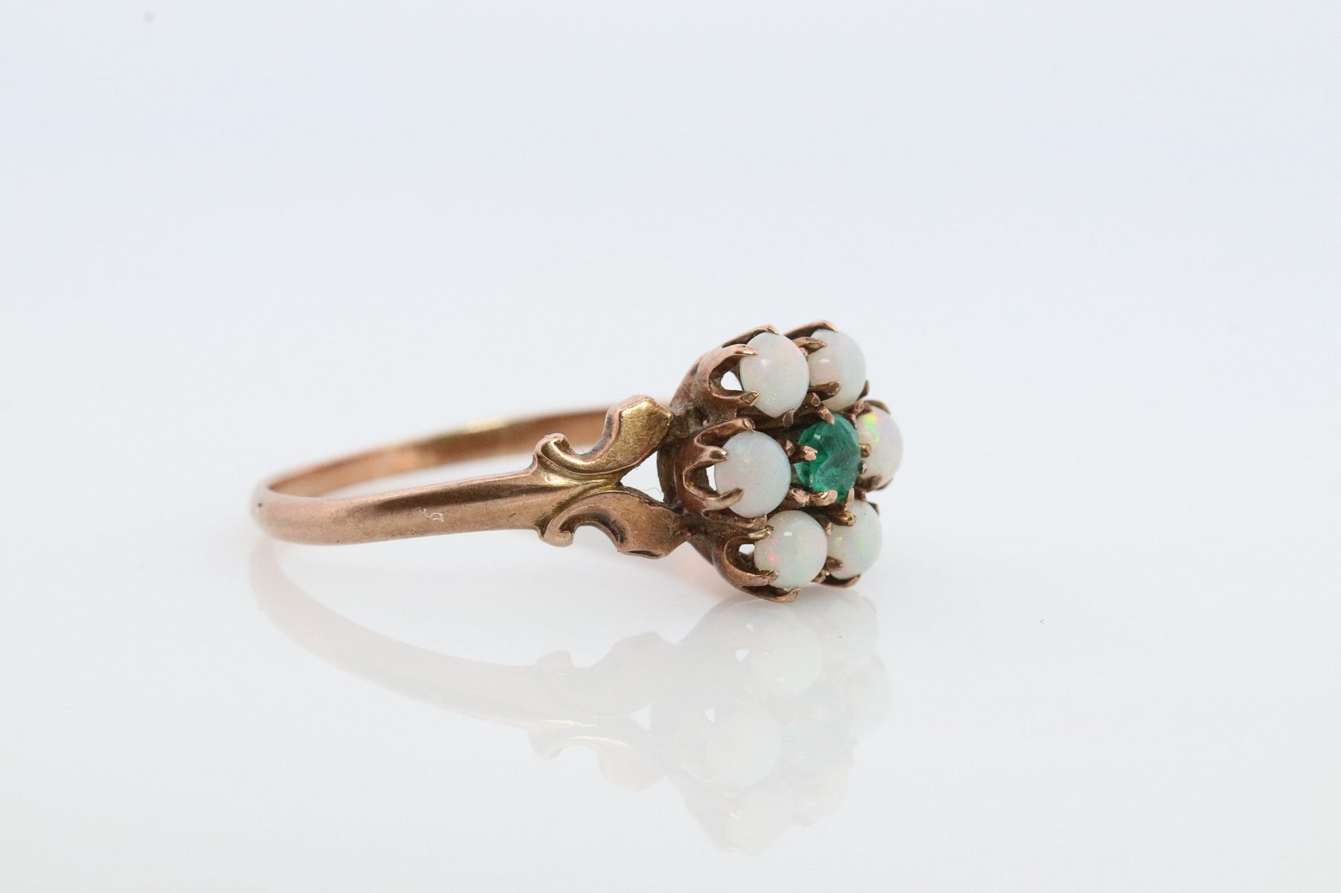 10k Victorian Opal and Green Gem. Antique 10k Rose Gold Opal Halo Cluster.