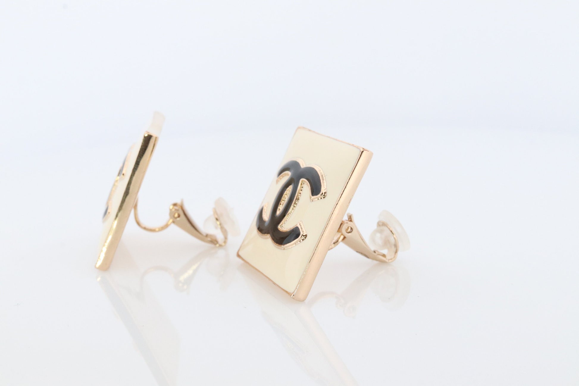 Chanel Earrings. Genuine White and Black Enamel CHANEL Square LOGO Clip on earrings. Nonpierced Clips. Original Box and Papers