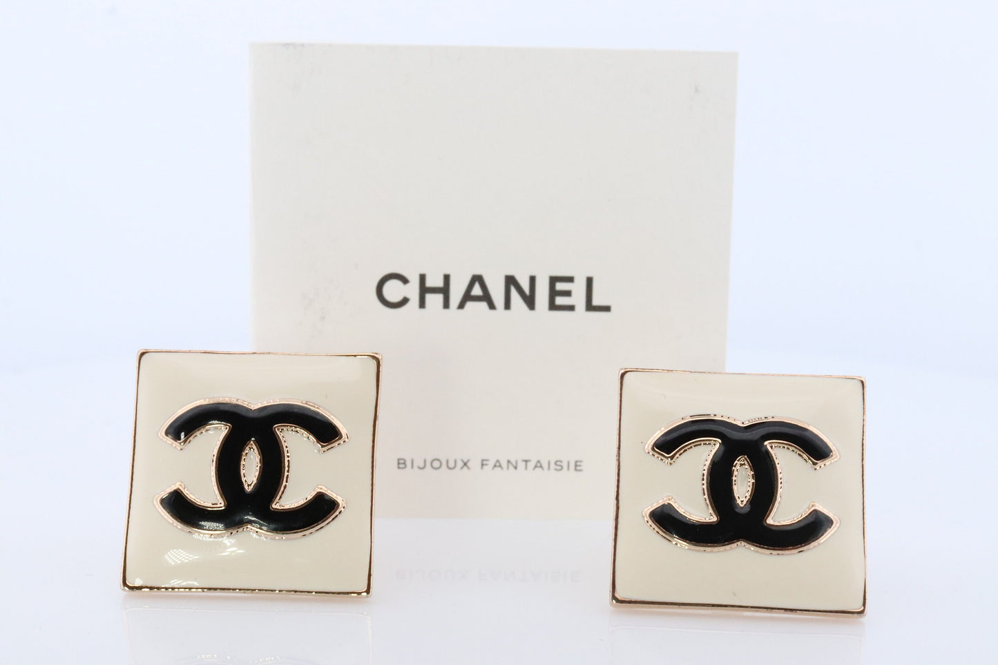 Chanel Earrings. Genuine White and Black Enamel CHANEL Square LOGO Clip on earrings. Nonpierced Clips. Original Box and Papers