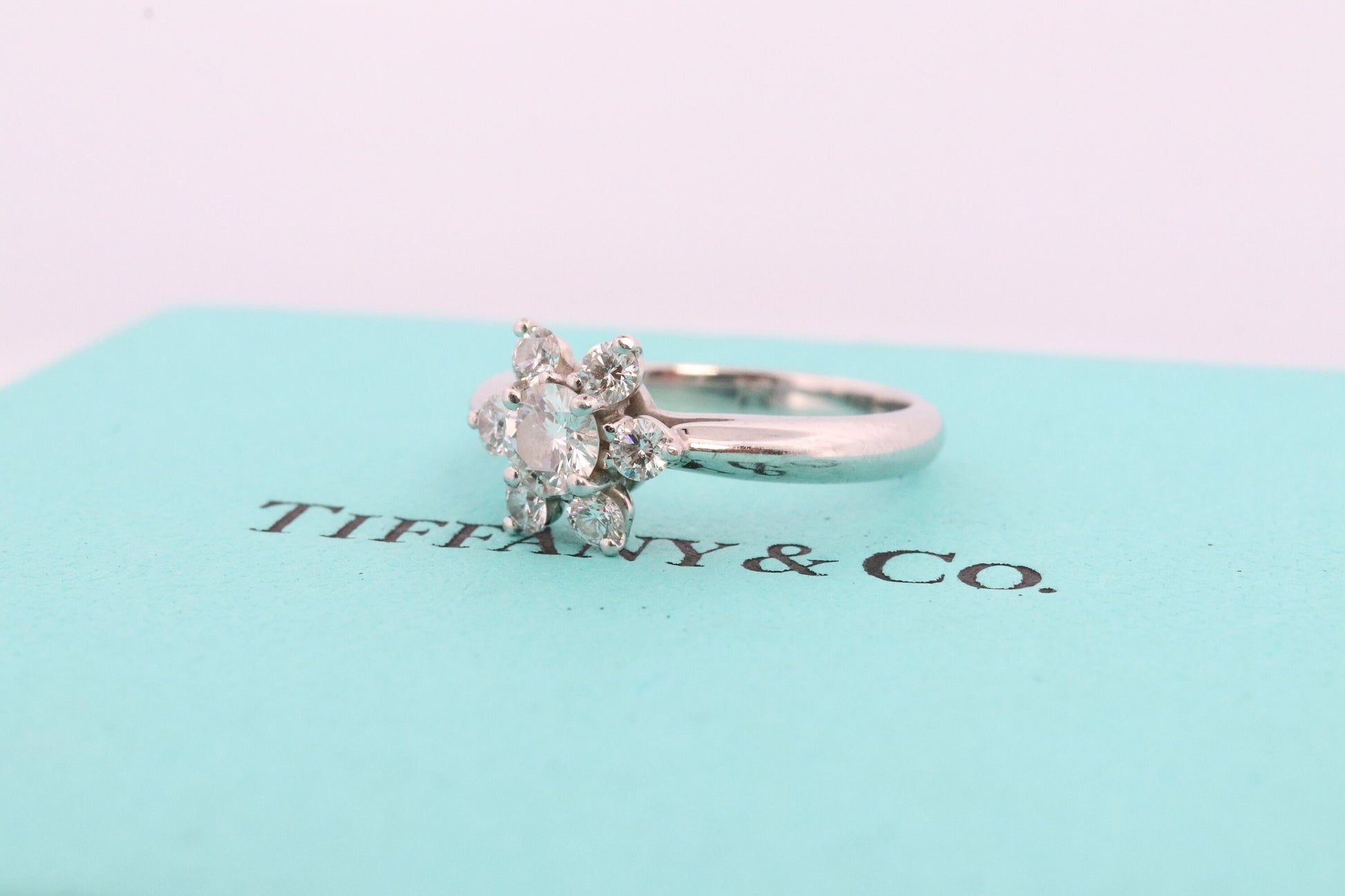 Tiffany and Co. Diamond Ring. Platinum Flower Diamond Band. Tiffany and Company Snowflake Diamond Halo ring Pt950