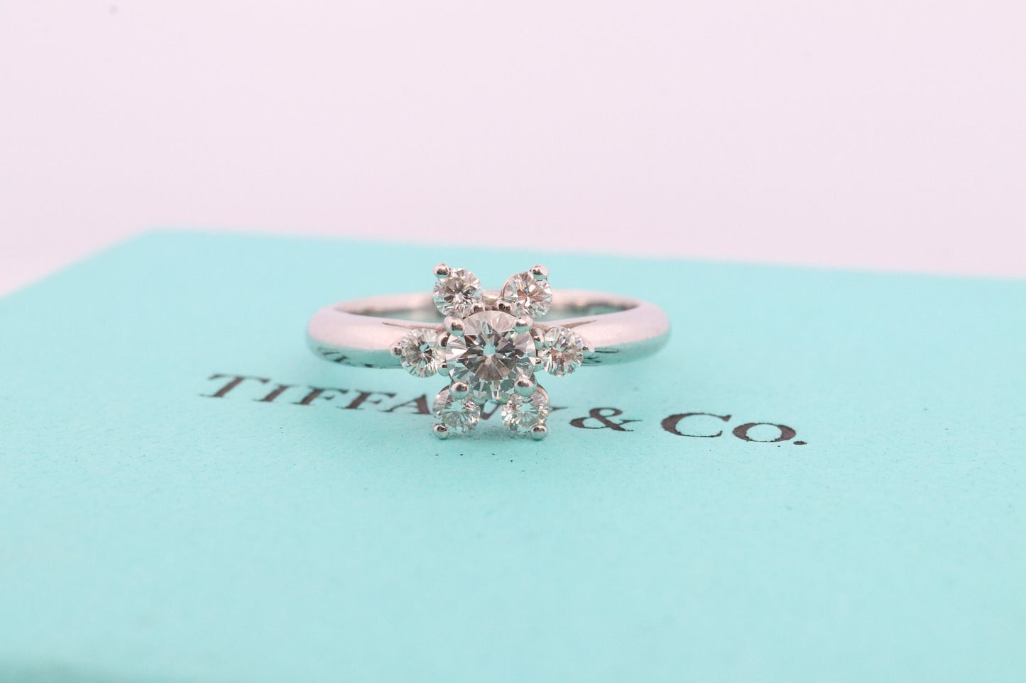 Tiffany and Co. Diamond Ring. Platinum Flower Diamond Band. Tiffany and Company Snowflake Diamond Halo ring Pt950