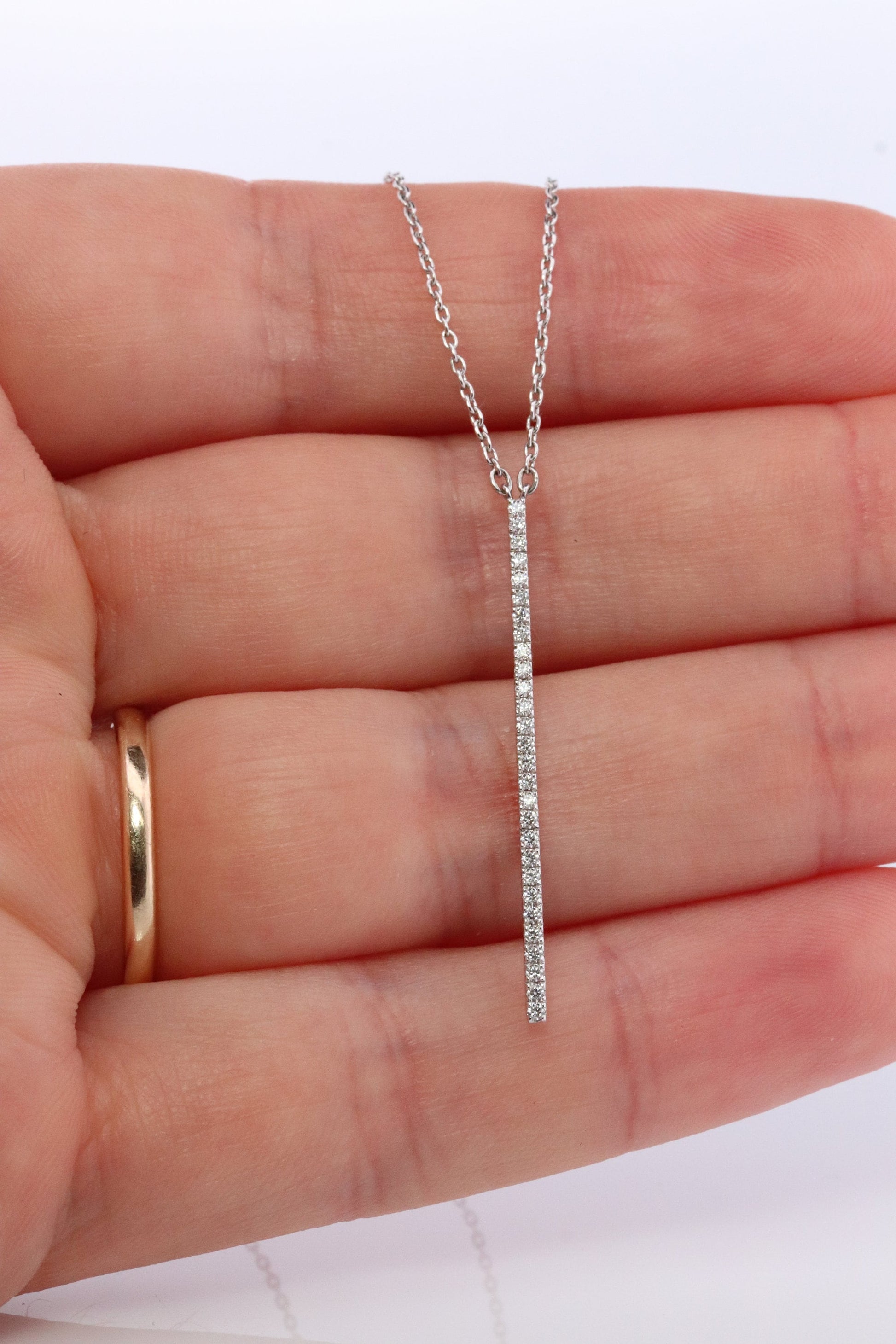 MIKIMOTO Necklace. 18k White gold Mikimoto Diamond Bar pendant. 18k White Minimalist Mikimoto Piece.