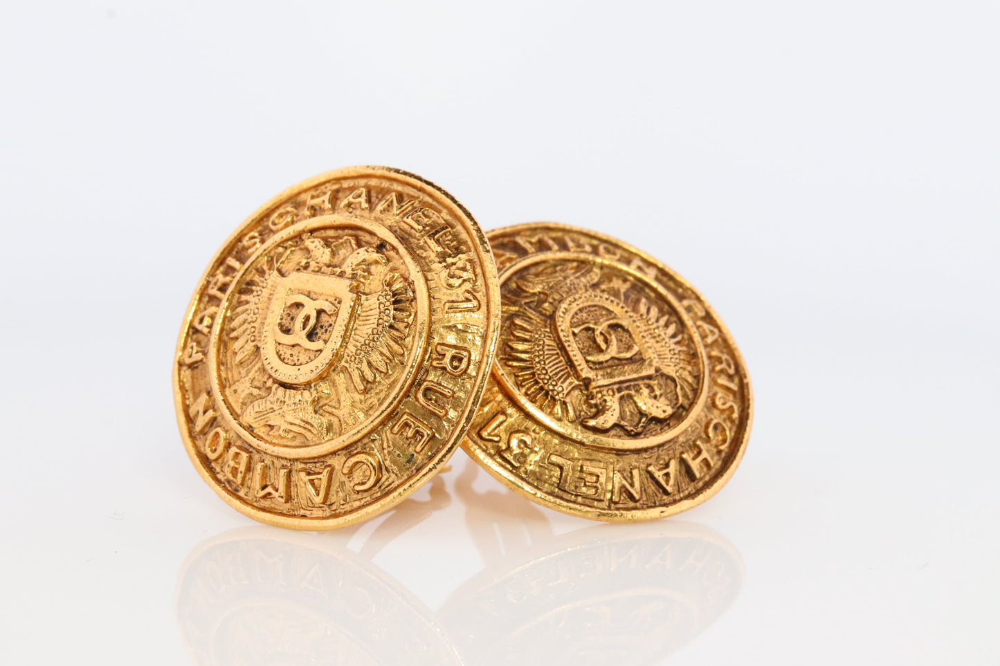 Chanel Earrings. Genuine CC CHANEL Round Crest Shield LOGO Clip on earrings. Nonpierced Clips. 31 Rue Cambon
