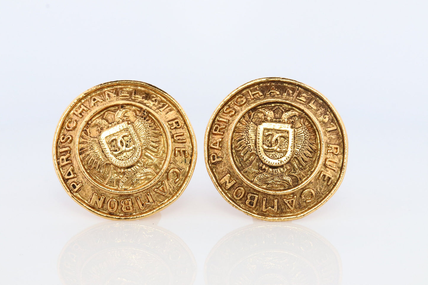 Chanel Earrings. Genuine CC CHANEL Round Crest Shield LOGO Clip on earrings. Nonpierced Clips. 31 Rue Cambon