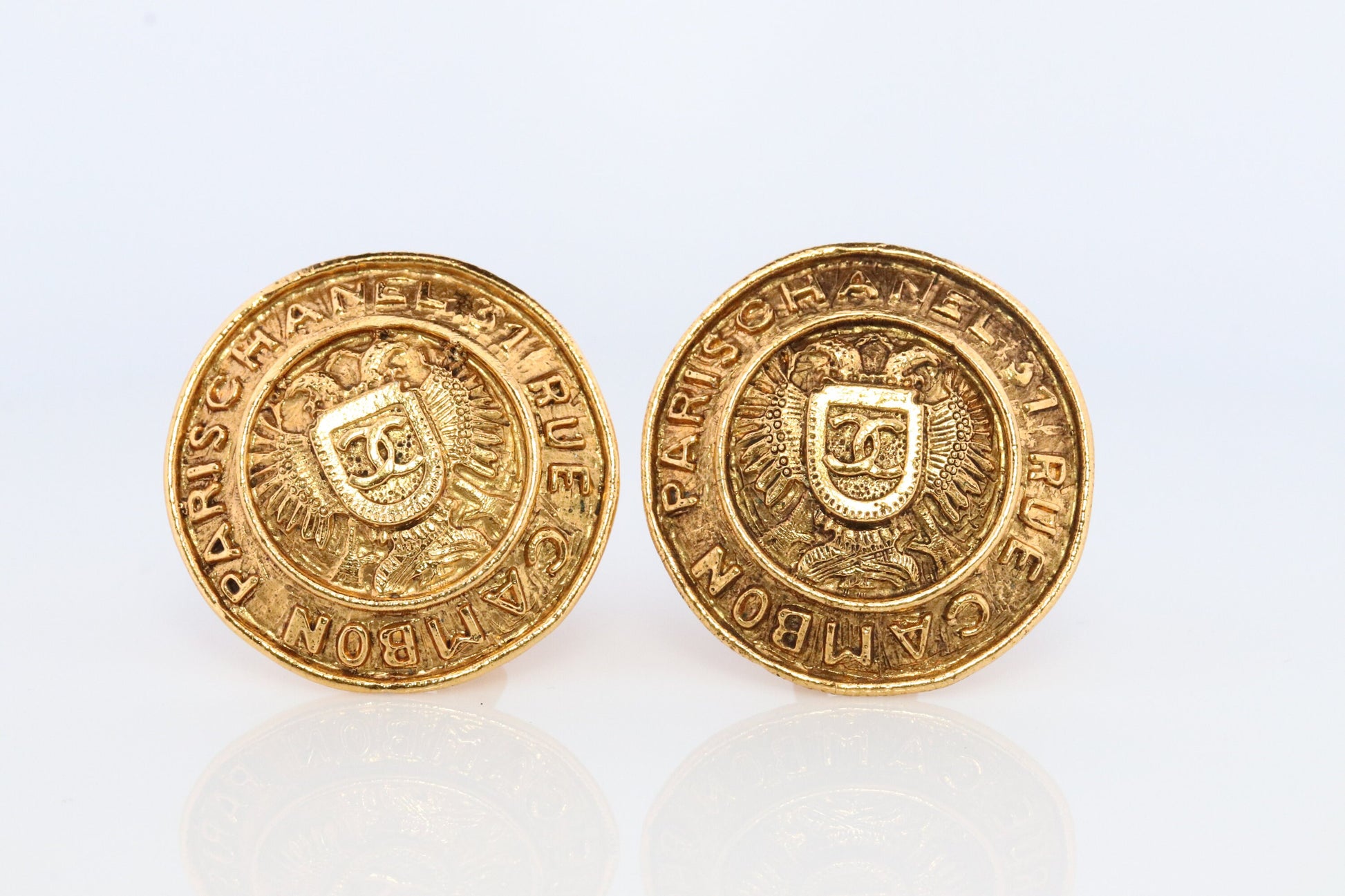 Chanel Earrings. Genuine CC CHANEL Round Crest Shield LOGO Clip on earrings. Nonpierced Clips. 31 Rue Cambon