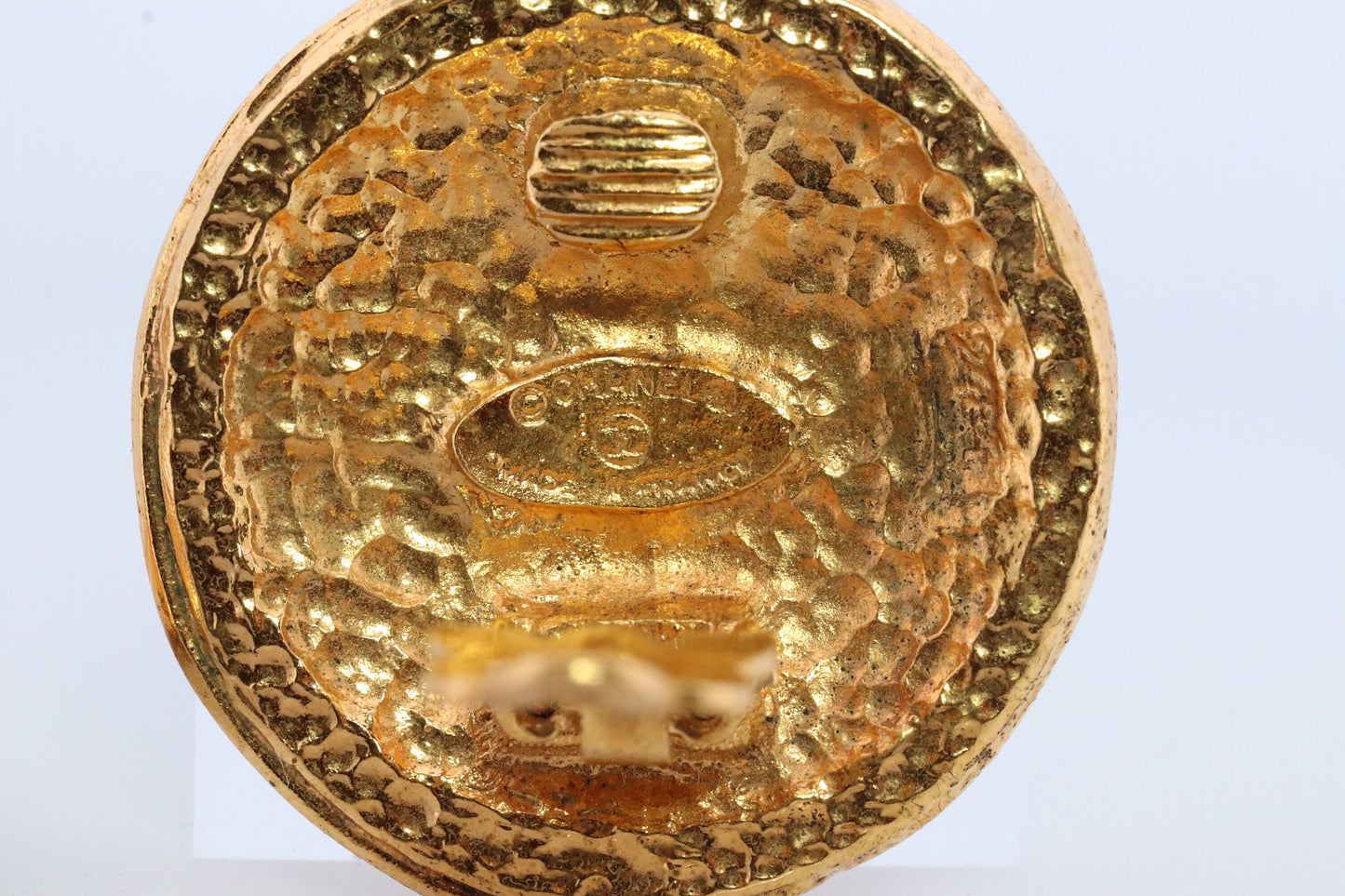 Chanel Earrings. Genuine CC CHANEL Round Crest Shield LOGO Clip on earrings. Nonpierced Clips. 31 Rue Cambon